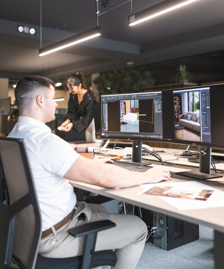 Modelação 3D e visualização digital de ambientes, integrando serviços especializados de interior design e ideias de decoração realistas para casas modernas.