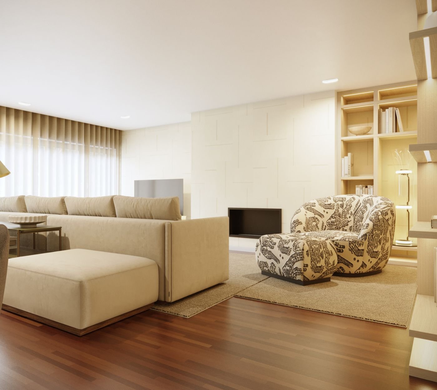 Composição que traduz a essência de uma Sala de estar moderna, onde a fluidez de um Open space se organiza em torno de um sofá modular que prolonga a leitura de um Sofa chaise longue integrado numa Sala de estar luminosa. A presença do cadeirão sofá reforça a harmonia do ambiente, articulando‑se com a proporção da mesa de apoio que estrutura o gesto contemporâneo da Sala de estar moderna. A luz natural intensifica a serenidade do Open space, valorizando o desenho do sofá modular e a elegância do Sofa chaise longue. O cadeirão sofá acrescenta textura à narrativa da Sala de estar, enquanto a mesa de apoio completa a composição com precisão. Cada detalhe contribui para a identidade de uma Sala de estar moderna, sustentada pela integração do sofá modular num Open space pensado ao detalhe.