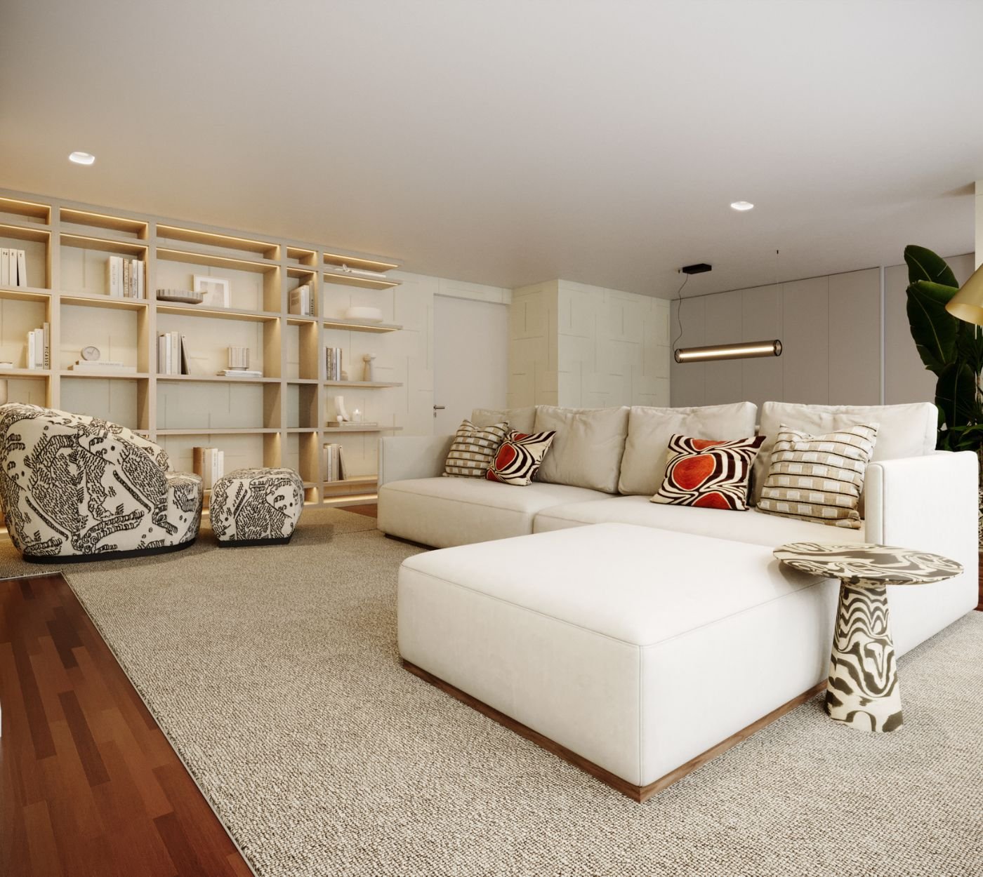Interpretação depurada de uma sala de estar moderna, integrada num open space onde o gesto arquitetónico se organiza em torno de um sofá modular que prolonga a leitura de um sofa chaise longue dentro da sala de estar. A presença do cadeirão sofá acrescenta textura à narrativa, articulando‑se com a proporção da mesa de apoio que estrutura a composição. A luz suave reforça a serenidade da sala de estar moderna, valorizando a fluidez do open space e a elegância do sofá modular. O sofa chaise longue intensifica o conforto contemporâneo, enquanto o cadeirão sofá acrescenta profundidade visual. A mesa de apoio completa a harmonia da sala de estar, criando continuidade com o desenho do sofá modular num open space pensado ao detalhe.