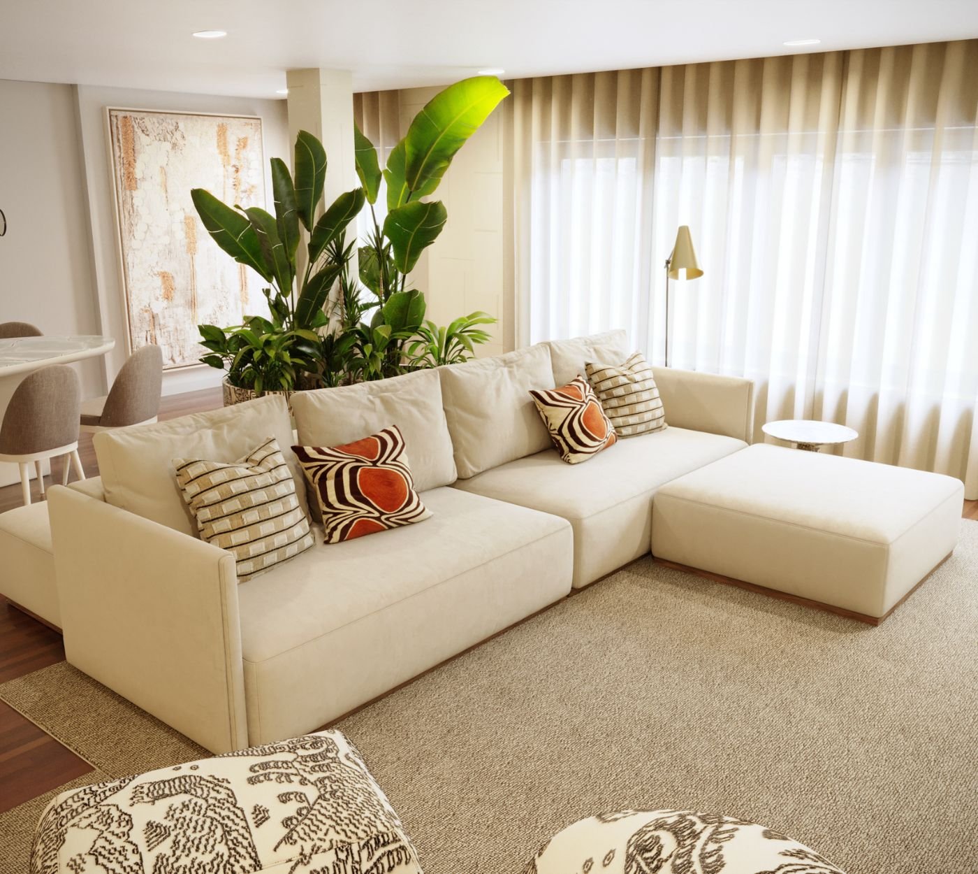 Interpretação luminosa de uma sala de estar moderna, integrada num open space que valoriza a presença de um sofá modular articulado com a fluidez de um sofa chaise longue dentro da sala de estar. A mesa de apoio reforça a funcionalidade subtil do ambiente, enquanto o cadeirão sofá imaginado acrescenta textura à narrativa contemporânea. A luz natural intensifica a serenidade da Sala de estar moderna, criando continuidade visual com o Open space e com o gesto depurado do sofá modular. O sofa chaise longue prolonga a experiência de conforto, enquanto a mesa de apoio completa a composição com precisão. Cada elemento contribui para a identidade de uma sala de estar, sustentada pela integração do sofá modular num open space pensado ao detalhe.