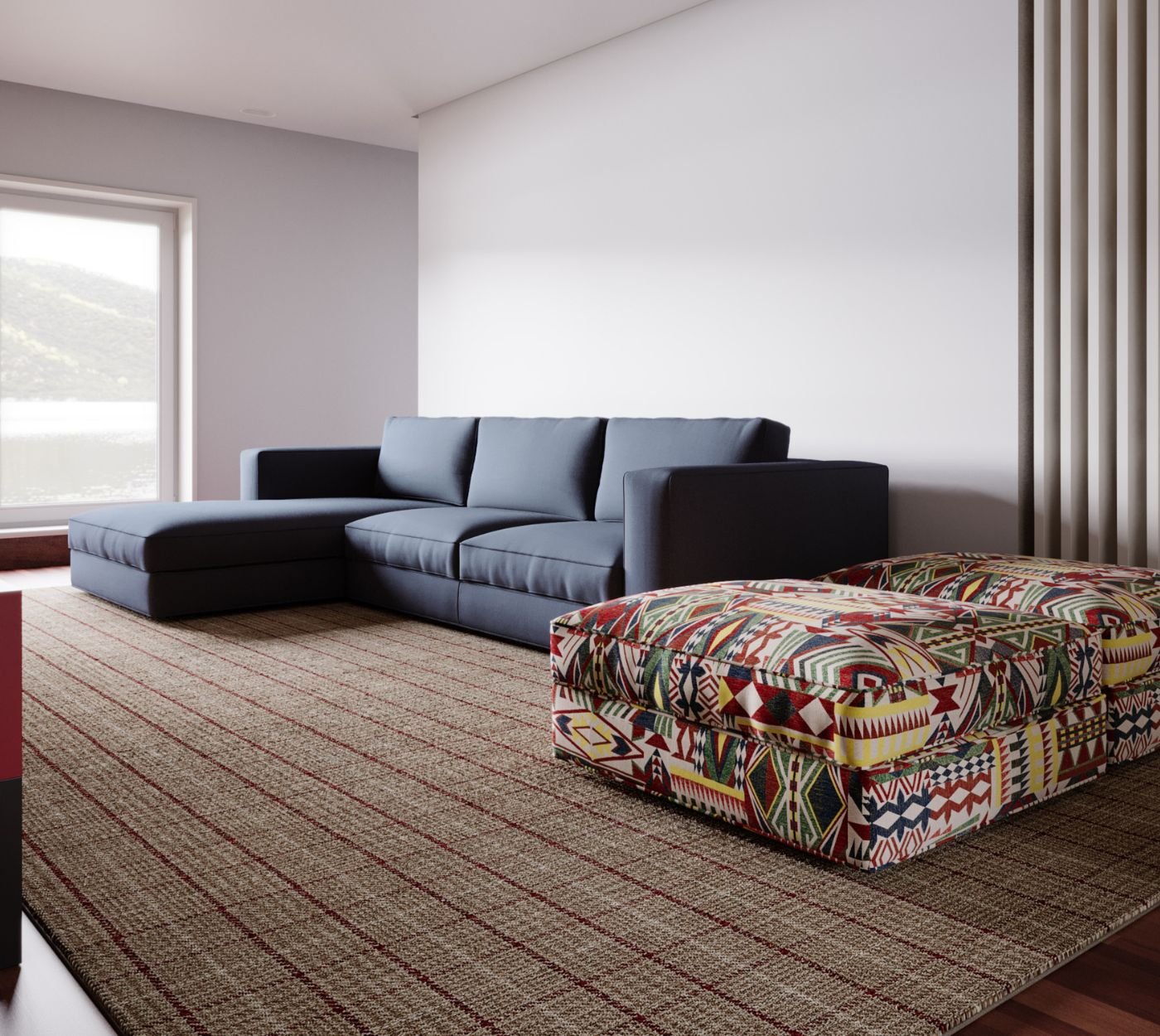 Sala de estar moderna e acolhedora, destacando um generoso sofá com chaise longue azul-marinho posicionado sobre um grande tapete texturado com riscas subtis. Em primeiro plano, um pufe modular com padrão geométrico multicolorido traz vivacidade ao espaço, provando como planear uma sala de estar pequena exige escolhas inteligentes de mobiliário para maximizar o conforto. A luz natural que entra pela janela ilumina esta elegante sala de estar, revelando linhas sóbrias que definem uma verdadeira sala de estar moderna. Para quem deseja otimizar a área útil sem perder sofisticação, incluir um sofá com chaise longue é a opção perfeita mesmo numa sala de estar pequena. O equilíbrio entre tons neutros nas paredes e cores arrojadas nos estofos valoriza a identidade da sala de estar, transformando qualquer recanto de uma sala de estar moderna num refúgio convidativo. A arrumação fluida do ambiente demonstra que uma sala de estar pequena beneficia imenso de um versátil sofá com chaise longue, garantindo assentos confortáveis para receber amigos e família. O contraste visual criado pelos tecidos enriquece a dinâmica desta sala de estar, provando que uma sala de estar moderna bem estruturada faz sobressair a elegância de cada detalhe. Mesmo numa sala de estar pequena, a presença de um ergonómico sofá com chaise longue define a zona de relaxamento com distinção, coroando a sala de estar com elegância intemporal. Assim, o projeto fecha o conceito de sala de estar moderna ideal, onde a funcionalidade pensada para uma sala de estar pequena se conjuga com a imponência de um confortável sofá com chaise longue no coração da sala de estar.