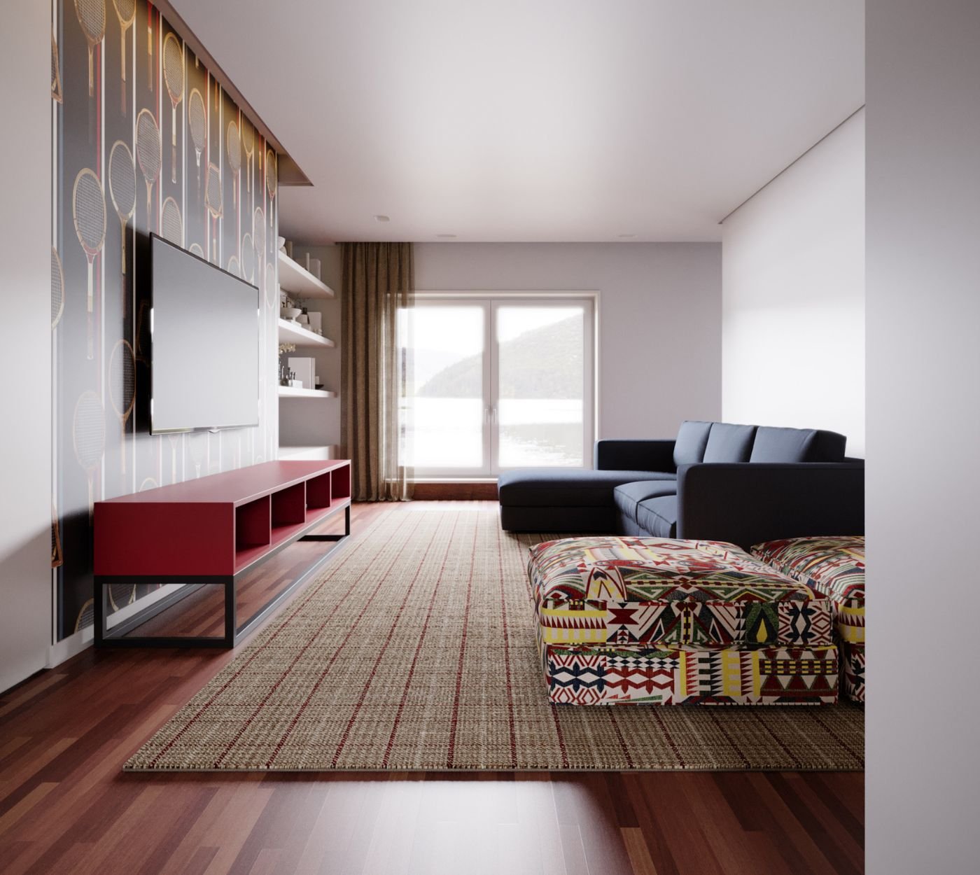 A vista ampla molda uma sala de estar moderna pensada para lazer, onde o pufe geométrico acrescenta ritmo à decoração sala moderna. Os aparadores modernos organizam o ambiente com discrição, permitindo que a escala de uma sala de estar pequena se torne acolhedora. O sofa chaise longue azul orienta o olhar para a paisagem, reforçando a informalidade da composição. Nesta sala de estar moderna, o pufe funciona como ponto de cor, articulando‑se com a serenidade da decoração sala moderna e com a presença dos aparadores modernos. A proporção de uma sala de estar pequena é valorizada pelo gesto confortável do sofa chaise longue, que prolonga a leitura descontraída do espaço. Cada elemento sustenta a identidade de uma sala de estar moderna, onde o pufe e os aparadores modernos consolidam uma decoração sala moderna pensada para viver devagar.