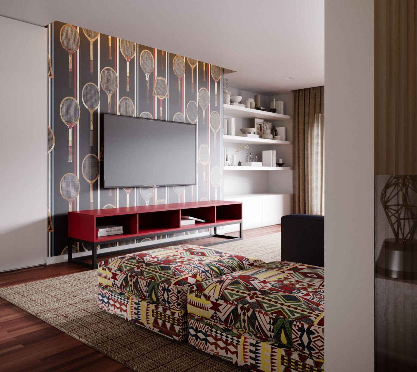 A paleta vibrante dos pufes e do papel de parede anima esta sala de estar moderna, concebida para momentos de lazer onde o pufe se torna peça de expressão. A decoração sala moderna equilibra cor e serenidade, apoiada pela presença dos aparadores modernos que estruturam o espaço. A escala de uma sala de estar pequena é trabalhada com intenção, articulando‑se com o conforto do sofa chaise longue azul. Nesta sala de estar moderna, o pufe acrescenta energia visual, dialogando com a precisão da decoração sala moderna e com a funcionalidade dos aparadores modernos. A proporção de uma sala de estar pequena ganha profundidade através do gesto acolhedor do sofa chaise longue, que prolonga a leitura descontraída do ambiente. Cada detalhe sustenta a identidade de uma sala de estar moderna, onde o pufe e os aparadores modernos consolidam uma decoração sala moderna viva e confortável.