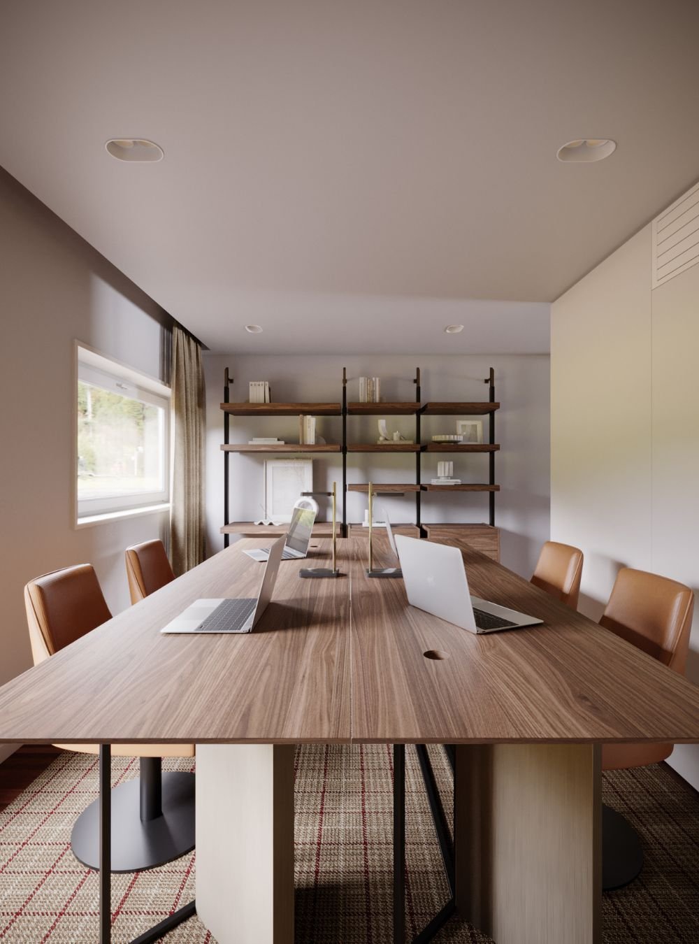 mesa de reuniões em madeira com computadores portáteis e elegantes cadeiras em couro conhaque, traduzindo a sofisticação de um projeto de design de interiores executivo. Ao fundo, uma imponente estante madeira com montantes metálicos escuros e prateleiras decoradas emoldura a parede, assumindo papel de destaque no mobiliário de escritório. O tampo generoso funciona em perfeita harmonia com uma prática secretária com arrumação, garantindo que todo o espaço de trabalho permaneça visualmente desimpedido. A iluminação embutida valoriza o acabamento da madeira, revelando como a criteriosa escolha de mobiliário de escritório eleva o padrão de design de interiores num gabinete privado. A presença vertical da estante madeira complementa a capacidade organizativa da secretária com arrumação, criando uma composição sóbria e focada no conforto profissional. Cada linha deste mobiliário de escritório demonstra a harmonia estética do design de interiores, onde uma refinada secretária com arrumação partilha o espaço com uma escultural estante madeira. O conjunto culmina num ambiente de trabalho produtivo e luxuoso, no qual a secretária com arrumação, o requintado mobiliário de escritório e a nobreza de uma estante madeira personificam a mestria do design de interiores.
