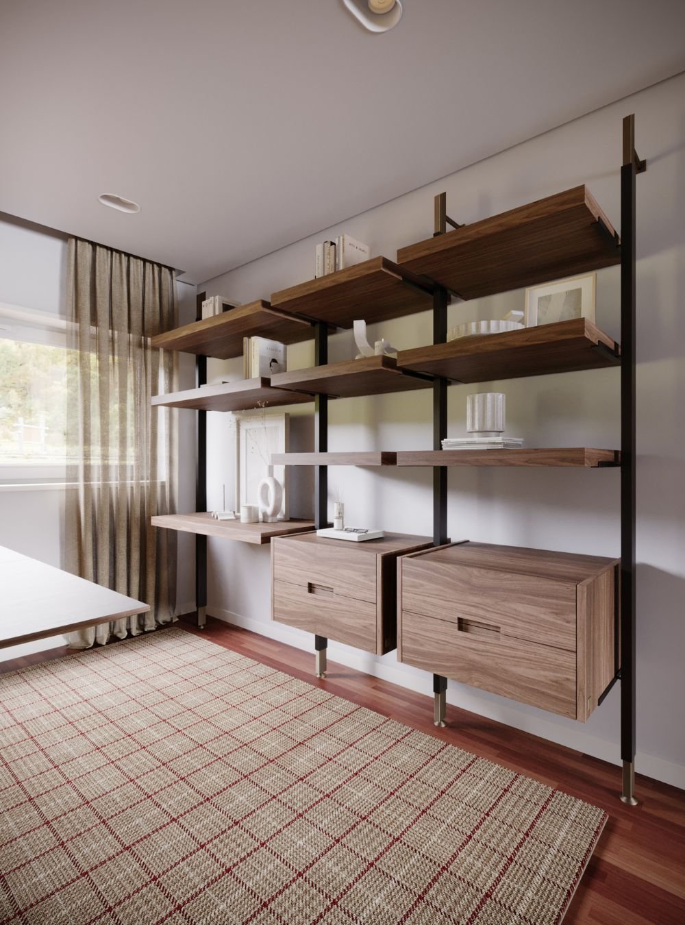 Pormenor angular de uma sofisticada estante madeira modular de chão ao teto, equipada com prateleiras abertas e gavetões suspensos sobre piso em madeira com tapete axadrezado. Esta peça central personifica a excelência do mobiliário de escritório contemporâneo, integrando uma prática secretária com arrumação que otimiza a área de trabalho. A iluminação natural suave realça as texturas orgânicas, demonstrando como o design de interiores recorre a marcenaria inteligente para criar harmonia visual. O desenho equilibrado da estante madeira apoia diretamente a eficiência da secretária com arrumação, provando que um ambiente corporativo de alto padrão beneficia de soluções sob medida de mobiliário de escritório. Cada detalhe decorativo reflete a mestria do design de interiores, no qual a robustez da estante madeira coexiste com a leveza estrutural exigida num posto com secretária com arrumação. A organização dos módulos fechados confirma o rigor aplicado ao mobiliário de escritório, tornando a secretária com arrumação indispensável para a produtividade diária no contexto do design de interiores. Esta versátil estante madeira sintetiza a união entre beleza e utilidade, definindo uma referência de design de interiores alicerçada em exclusivo mobiliário de escritório e numa funcional secretária com arrumação.