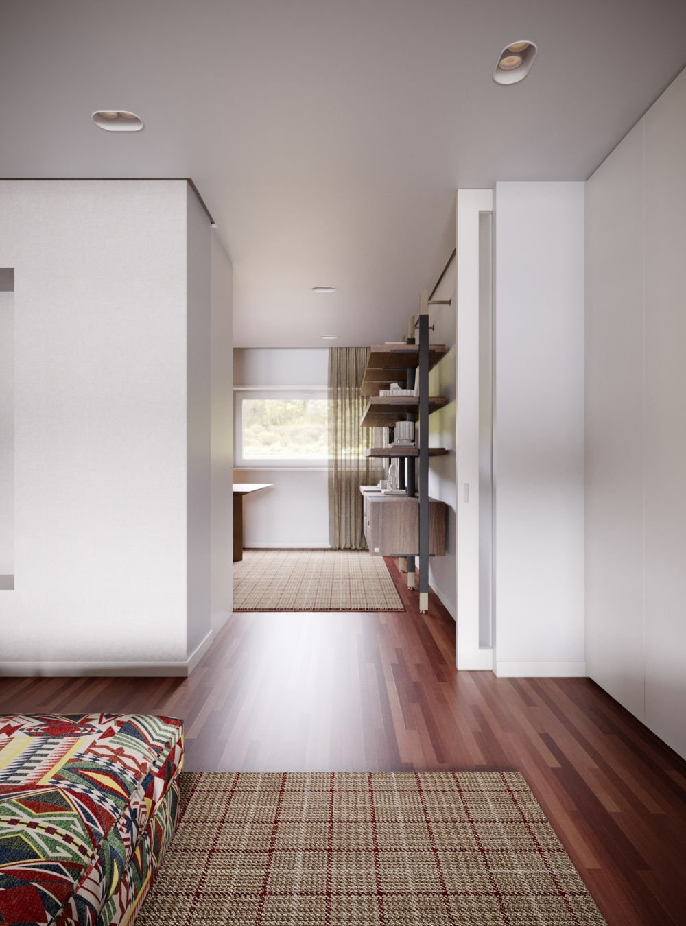 Perspetiva de circulação que liga a sala de estar ao escritório em plano aberto, revelando a continuidade estética proporcionada por um criterioso design de interiores. Em primeiro plano, o tapete e o pufe colorido contrastam suavemente com o piso em madeira, direcionando o olhar para o mobiliário de escritório minimalista instalado junto à janela. Ao longo do corredor, uma esbelta estante madeira suspensa com estrutura metálica preta garante arrumação sem pesar visualmente, dialogando com a funcionalidade de uma secretária com arrumação ao fundo. A transição harmoniosa comprova que o design de interiores de luxo valoriza peças funcionais de mobiliário de escritório, onde uma sólida estante madeira oferece o equilíbrio perfeito entre prateleiras e módulos fechados. O layout fluido liberta a passagem para a secretária com arrumação, evidenciando o rigor que o design de interiores aplica na escolha de cada elemento de mobiliário de escritório. A combinação de tons neutros com a nobreza de uma estante madeira reforça a atmosfera profissional, enquanto a discreta secretária com arrumação assegura ordem quotidiana. O projeto fecha uma visão moderna de design de interiores, onde a versatilidade de uma secretária com arrumação e a presença de uma estante madeira sublimam este requintado mobiliário de escritório.