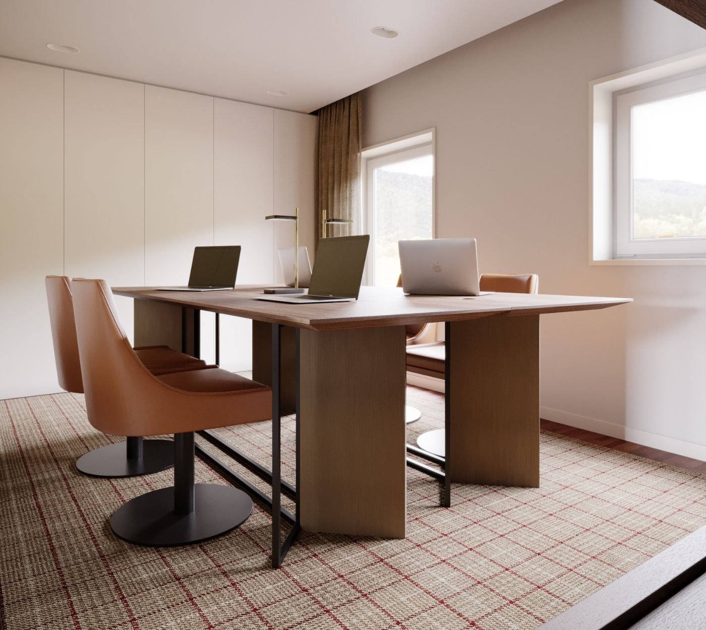 Espaço de trabalho sofisticado e luminoso, destacando uma ampla mesa executiva em madeira com computadores portáteis e cadeiras giratórias em tom caramelo sobre um tapete axadrezado. Este espaço reflete o rigor de um projeto de design de interiores contemporâneo, onde o mobiliário de escritório de luxo une funcionalidade e requinte. Ao fundo, armários embutidos de linhas sóbrias e uma elegante estante madeira organizam o ambiente profissional, complementando a versatilidade de uma secretária com arrumação desenhada sob medida. A iluminação natural que entra pela janela valoriza as texturas nobres, evidenciando como o correto mobiliário de escritório é fundamental no planeamento do design de interiores. A integração de uma prática secretária com arrumação promove um fluxo de trabalho sereno, equilibrando-se com a presença estética de uma estante madeira discreta. Cada detalhe comprova que a escolha criteriosa de mobiliário de escritório eleva a produtividade, reforçando o papel do design de interiores em espaços corporativos de alto padrão. Para além do posto principal, a proximidade a uma estante madeira funcional garante ordem ao quotidiano, tornando a secretária com arrumação indispensável para a dinâmica profissional. A sobriedade das linhas retas traduz a excelência do mobiliário de escritório, enquanto uma versátil secretária com arrumação responde às exigências de trabalho com distinção no design de interiores. O diálogo entre os acabamentos quentes e a solidez de uma estante Espaçoadeira confere harmonia visual à sala, provando a eficácia de uma secretária com arrumação completa. Por fim, a atmosfera de prestígio deste espaço consolida o valor de um bom mobiliário de escritório, onde a nobreza de uma estante madeira e as soluções de design de interiores definem um ambiente de trabalho impecável.