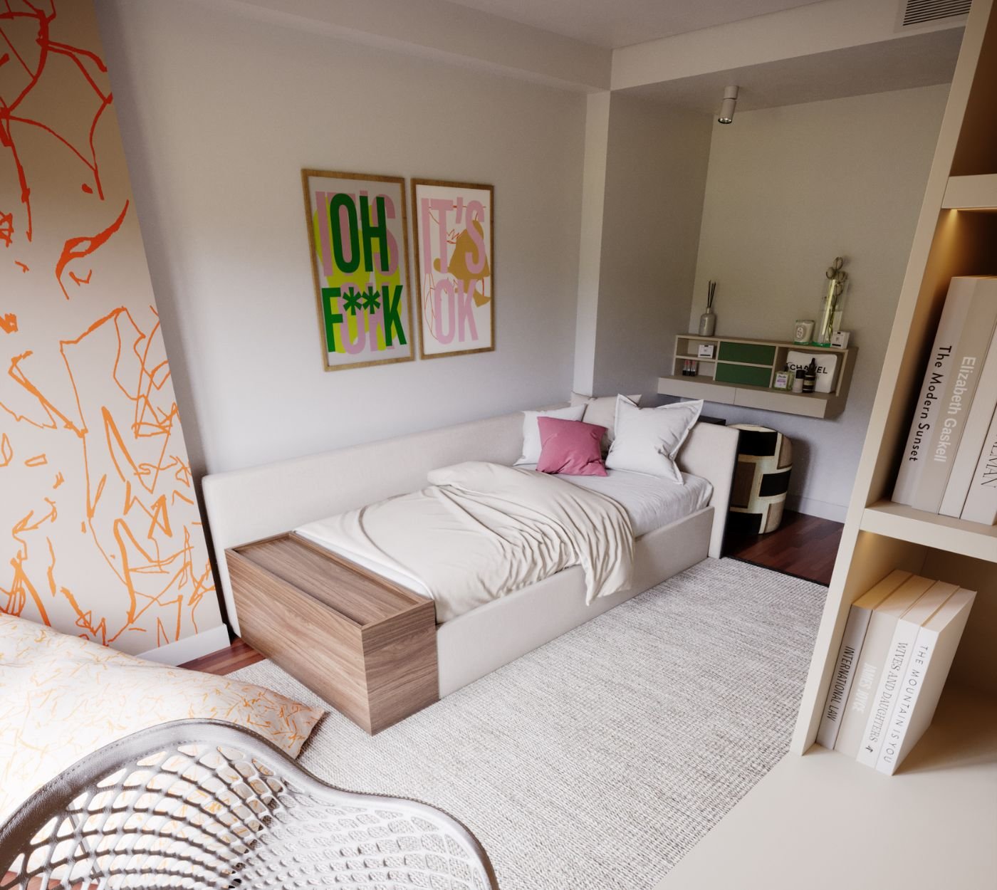 Enquadramento através das prateleiras da estante revelando a cama estofada, os quadros na parede e a zona de toucador, destacando a profundidade da decoração de quarto. A disposição central do mobiliário privilegia o uso de camas com arrumação, criando uma decoração quarto serena e bem estruturada. O contraste entre livros e superfícies lisas enriquece a decoração de quarto, mostrando que camas com arrumação personalizadas mantêm o equilíbrio essencial a uma acolhedora decoração quarto. A paleta neutra e suave fortalece a decoração de quarto, comprovando que camas com arrumação discretas sustentam o estilo de uma decoração quarto refinada. A harmonia entre marcenaria e iluminação conduz a decoração de quarto, onde a inclusão de camas com arrumação otimiza o dia a dia na decoração quarto. O resultado é uma sofisticada decoração de quarto fundamentada no aproveitamento de camas com arrumação e numa memorável decoração quarto.