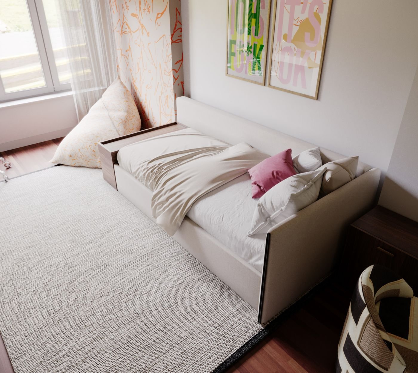 Vista superior de uma cama sob medida com almofadas em tons de rosa e o pufe geométrico no canto, refletindo uma equilibrada decoração de quarto. A presença de gavetas ocultas exemplifica o papel de camas com arrumação no dia a dia, assegurando uma decoração quarto visualmente desimpedida. A textura do tapete claro complementa a decoração de quarto, demonstrando que optar por camas com arrumação reforça a estética minimalista exigida numa moderna decoração quarto. O enquadramento dos quadros artísticos anima a decoração de quarto, provando que camas com arrumação de alta qualidade mantêm a sobriedade indispensável para uma harmoniosa decoração quarto. A fluidez do layout enriquece a decoração de quarto, na qual camas com arrumação personalizadas resolvem a arrumação funcional da decoração quarto. O projeto finaliza uma acolhedora decoração de quarto onde camas com arrumação discretas são essenciais para uma primorosa decoração quarto.