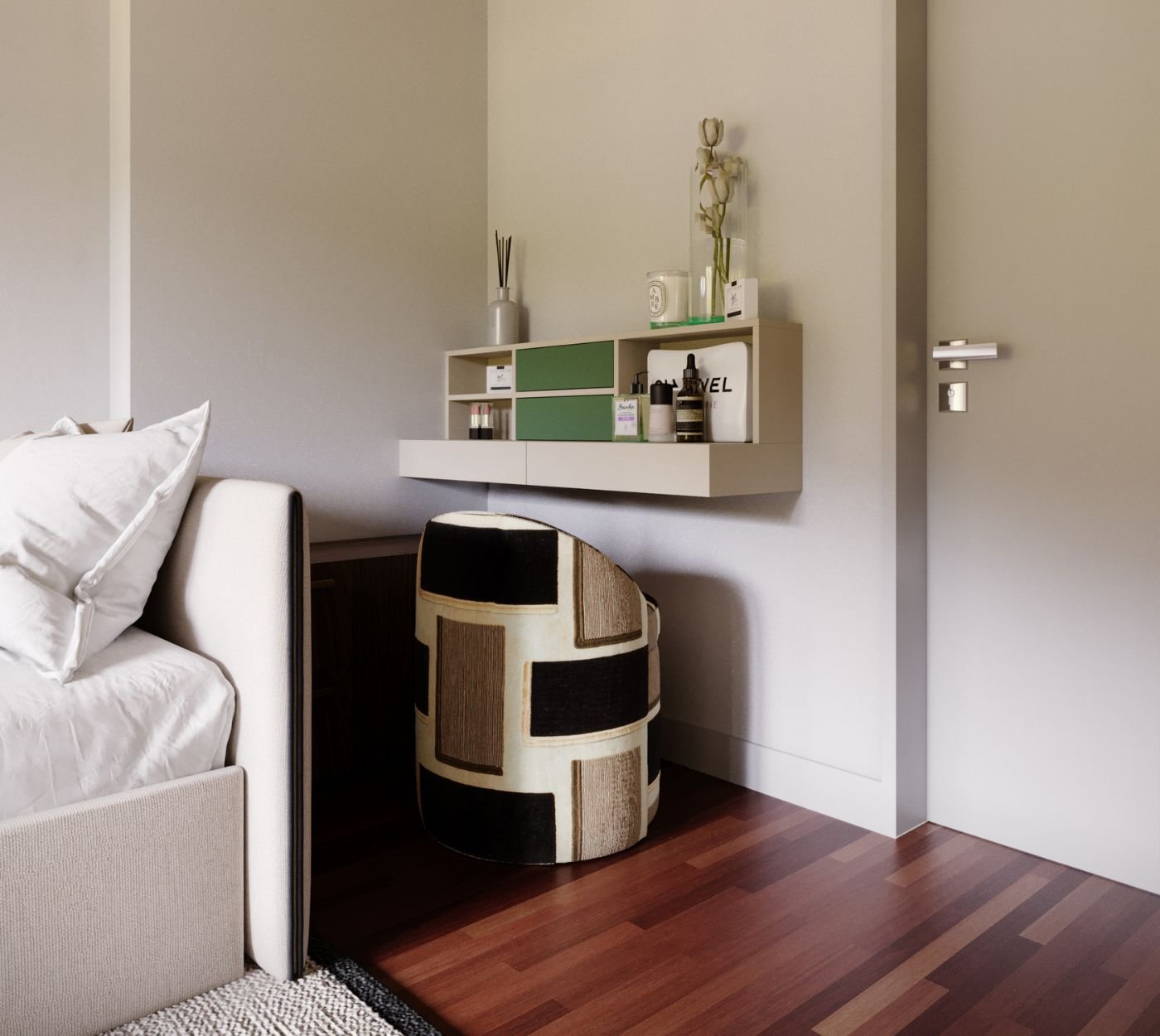 ormenor do canto de beleza com um elegante toucador suspenso e nichos organizadores verdes, concebido como um prático toucador de maquilhagem junto à porta. Acompanhado por um pufe de padrão geométrico, este recanto enriquece a decoração de quarto, funcionando em total sintonia com modernas camas com arrumação numa refinada decoração quarto. O arranjo demonstra como uma criteriosa decoração de quarto se apoia em camas com arrumação para manter a ordem, permitindo que o toucador e o toucador de maquilhagem se destaquem na decoração quarto. A marcenaria sob medida deste toucador eleva a decoração de quarto, provando que camas com arrumação funcionais convivem com um belo toucador de maquilhagem para estruturar uma harmoniosa decoração quarto. Ao valorizar cada detalhe, a decoração de quarto alia este toucador versátil ao conforto de camas com arrumação, tornando o toucador de maquilhagem numa peça-chave para a decoração quarto. Conclui-se uma decoração de quarto sofisticada onde este toucador, as camas com arrumação e o toucador de maquilhagem completam com elegância a decoração quarto.