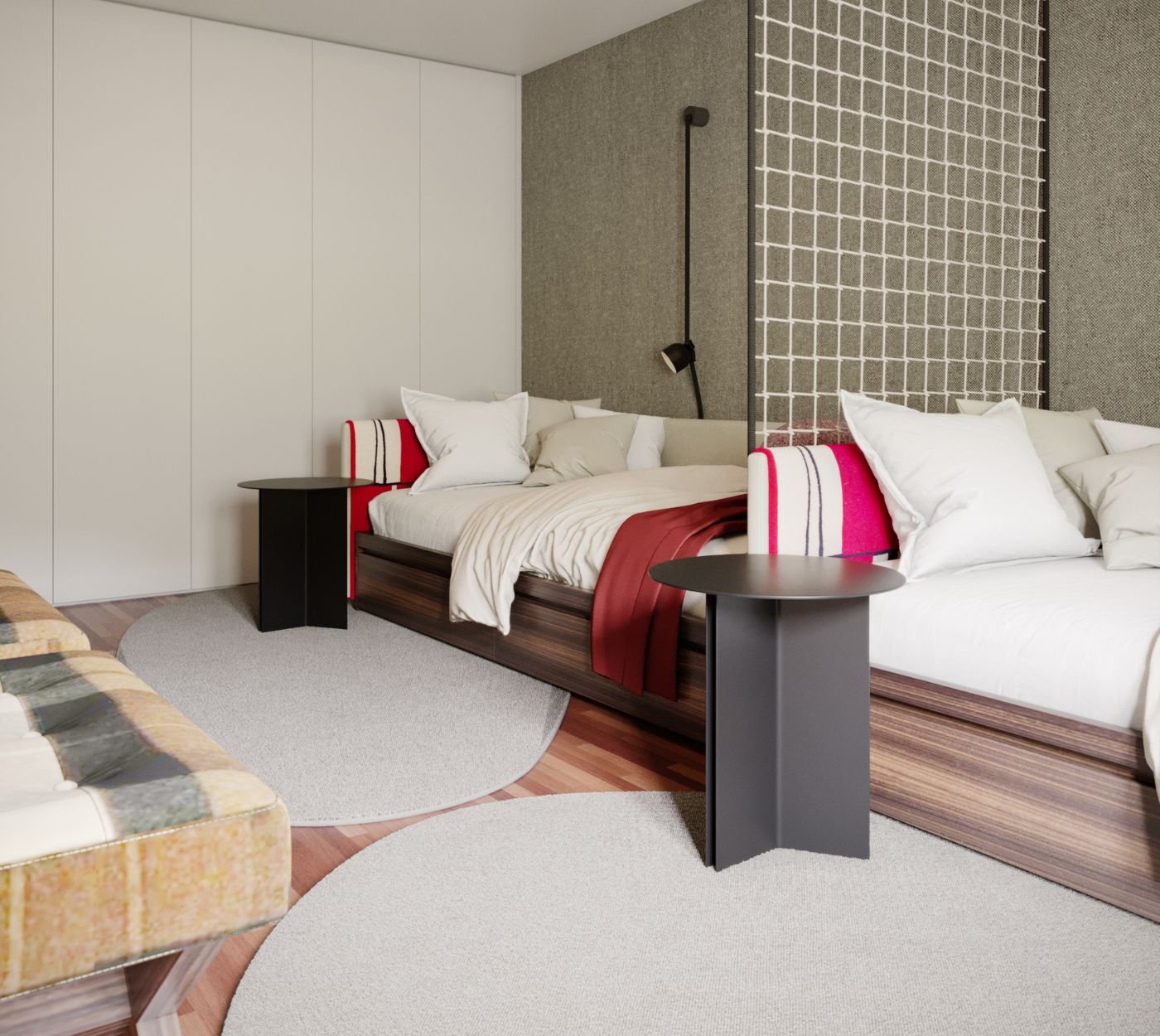 Quarto de criança moderno e expressivo, revelando em detalhe a mesa de cabeceira preta, a divisória em rede e os estofos listrados da cama. A parede texturada e os roupeiros claros espelham o equilíbrio de um quarto de casal decorado, comprovando a maturidade visual alcançada nesta decoração de quarto. A integração de sólidas camas com arrumação em madeira liberta a área útil, uma solução tão valiosa num quarto de criança como num quarto de casal decorado. Os têxteis sofisticados enriquecem a decoração de quarto, reforçando a forma como camas com arrumação feitas à medida respondem às necessidades do dia a dia no quarto de criança. O contraste entre apontamentos coloridos e marcenaria elegante evoca o bom gosto de um quarto de casal decorado, permitindo que a decoração de quarto evolua com o tempo dentro do quarto de criança graças a estas camas com arrumação. A circulação fluida demonstra que escolher camas com arrumação inteligentes valoriza a decoração de quarto, seja num requintado quarto de casal decorado ou num acolhedor quarto de criança. O espaço culmina na união perfeita entre a utilidade das camas com arrumação e a distinção própria de um quarto de casal decorado, consolidando a decoração de quarto ideal para este dinâmico quarto de criança.