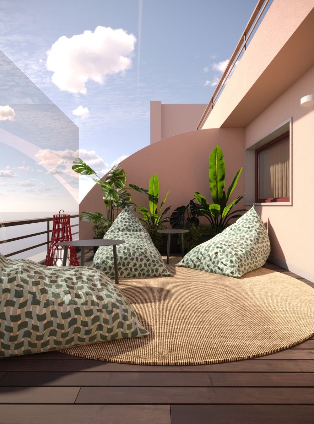 Varanda ensolarada com vista aberta para o céu, destacando uma sofisticada decoração de varanda composta por puffs de padrão geométrico verde sobre um generoso tapete circular de fibras naturais. A composição evidencia a sensibilidade do design de interiores contemporâneo ao estender o requinte da casa para o exterior, selecionando mobiliário de exterior ergonómico e de elevada qualidade. Mesas de apoio metálicas e uma luminária escultural vermelha complementam a vegetação tropical ao fundo, reforçando como uma cuidada decoração de varanda traz frescura ao espaço. Cada detalhe desta acolhedora varanda prova a mestria do design de interiores, onde o mobiliário de exterior estabelece um diálogo equilibrado com a parede curva terracota. O conforto visual alcançado comprova que o melhor design de interiores privilegia materiais resistentes ao ar livre, tornando esta decoração de varanda tão prática quanto elegante. A integração fluida de mobiliário de exterior contemporâneo valoriza a arquitetura da varanda, oferecendo um retiro sereno para momentos de lazer. Assim, a harmonia entre o rigor de design de interiores, a frescura de uma autêntica decoração de varanda e a versatilidade do mobiliário de exterior definem o padrão exclusivo desta varanda de luxo, coroando uma primorosa decoração de varanda assente no diálogo entre design de interiores, uma luminosa varanda e excelente mobiliário de exterior.