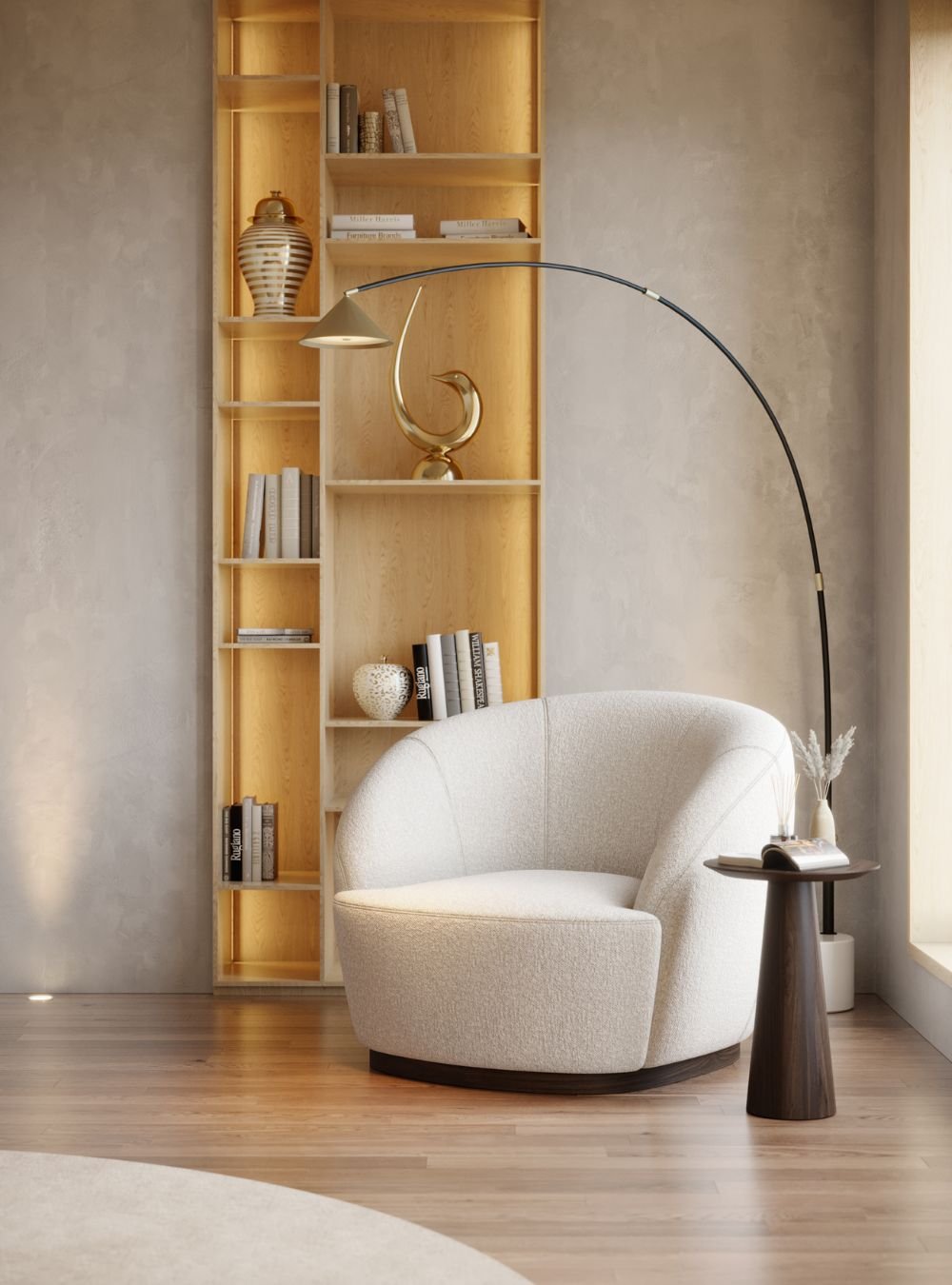 Recanto de leitura e descanso integrado num amplo home office, destacando uma poltrona arredondada estofada a tecido texturado claro junto a uma mesinha de apoio em madeira e um candeeiro de pé esguio. A entrada de luz natural pela janela emoldurada ilumina o chão em madeira, dialogando com as linhas sóbrias de verticais estantes embutidas que representam o melhor do design de interiores. Esta zona de descompressão complementa a funcionalidade de um gabinete executivo, onde a presença de requintado mobiliário de escritório e de uma ergonómica cadeira de escritório assegura versatilidade às rotinas de trabalho. O equilíbrio entre momentos de pausa e atividade define a identidade deste sofisticado home office, comprovando que o bom mobiliário de escritório vai muito além da secretária tradicional ao integrar soluções como estantes de apoio e uma confortável cadeira de escritório. A sobriedade dos tons quentes traduz a excelência do design de interiores, tornando a leitura relaxante junto às prateleiras das estantes. A seleção de materiais nobres valoriza o ambiente profissional deste home office, demonstrando que a convivência entre uma acolhedora cadeira de escritório e o restante mobiliário de escritório potencializa a criatividade sob as diretrizes do design de interiores. A harmonia visual do espaço assegura que as estantes organizem o espaço com total discrição e leveza estética. O projeto coroa a sofisticação de um autêntico home office, articulando a nobreza de exclusivo mobiliário de escritório, a disciplina de sólidas estantes, a funcionalidade de uma cadeira de escritório sob medida e a maestria de um intemporal design de interiores, fechando um refúgio acolhedor onde este refinado home office, o padrão do mobiliário de escritório, as generosas estantes, o conforto da cadeira de escritório e a pureza do design de interiores se unem com perfeição.