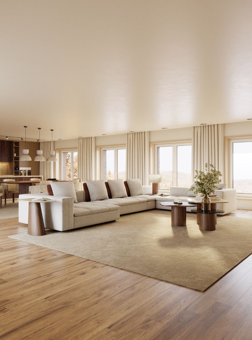 Perspetiva vertical ampla de uma sala de estar moderna e luminosa, com piso em madeira nobre e cortinas neutras emoldurando grandes janelas. A composição destaca a sofisticação da decoração sala moderna, onde o generoso sofá de canto em tecido bege assenta sobre um tapete claro. Junto ao braço estofado, uma escultural mesa de apoio em base cónica de madeira e tampo de pedra clara oferece funcionalidade ao espaço, integrando a família de requintadas mesas de apoio essenciais a um projeto de design de interiores. No centro, o trio de mesas orgânicas atua como a perfeita mesa de centro, trazendo inovadoras ideias de decoração para a área de convívio social. A distribuição destas mesas de centro enriquece a volumetria da sala, evidenciando como a escolha da mesa de centro sala define o padrão estético de uma sala de estar moderna. Cada detalhe desta decoração sala moderna inspira novas ideias de decoração, valorizando o diálogo entre a mesa de apoio lateral e as peças centrais através do design de interiores. O conforto proporcionado pela disposição de elegantes mesas de apoio reforça o convite ao relaxamento, enquanto o conjunto como mesa de centro consolida uma atmosfera contemporânea. Com linhas depuradas e excelente entrada de luz natural, a sala de estar moderna adota estas mesas de centro e a versátil mesa de centro sala como protagonistas, provando que o melhor design de interiores transforma simples ideias de decoração em ambientes de luxo. A harmonia visual consolida a primorosa decoração sala moderna, na qual uma exclusiva mesa de apoio e as funcionais mesas de apoio elevam a presença da mesa de centro, concluindo uma sala de estar moderna com incomparáveis ideias de decoração, sofisticada decoração sala moderna, uma imponente mesa de centro sala e a mestria de um intemporal design de interiores onde a convivência entre mesas de centro e a mesa de centro sala traduz a essência da decoração sala moderna, novas ideias de decoração e do mais refinado design de interiores para uma acolhedora sala de estar moderna.