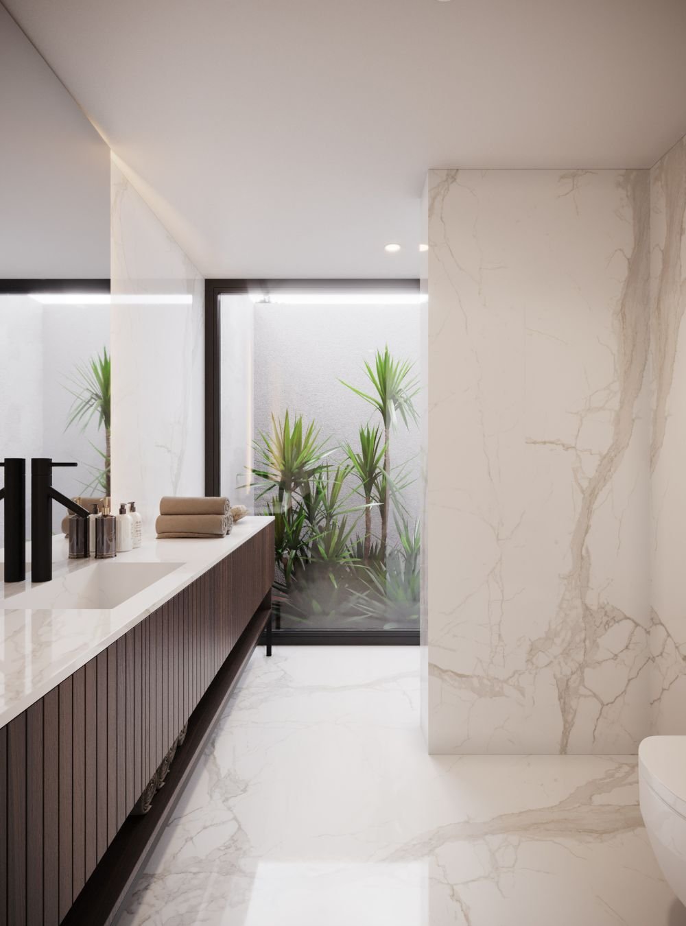 A elegância no detalhe do interior design, destacando acabamentos em nogueira ripada nos móveis de casa de banho para casas de banho modernas.