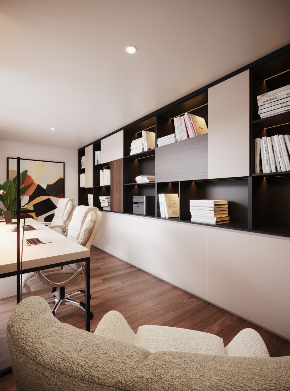 A harmonia do interior design reflete-se neste mobiliário de escritório funcional, que serve de apoio à secretária de escritório dupla acompanhada por cada cadeira escritório ergonómica.