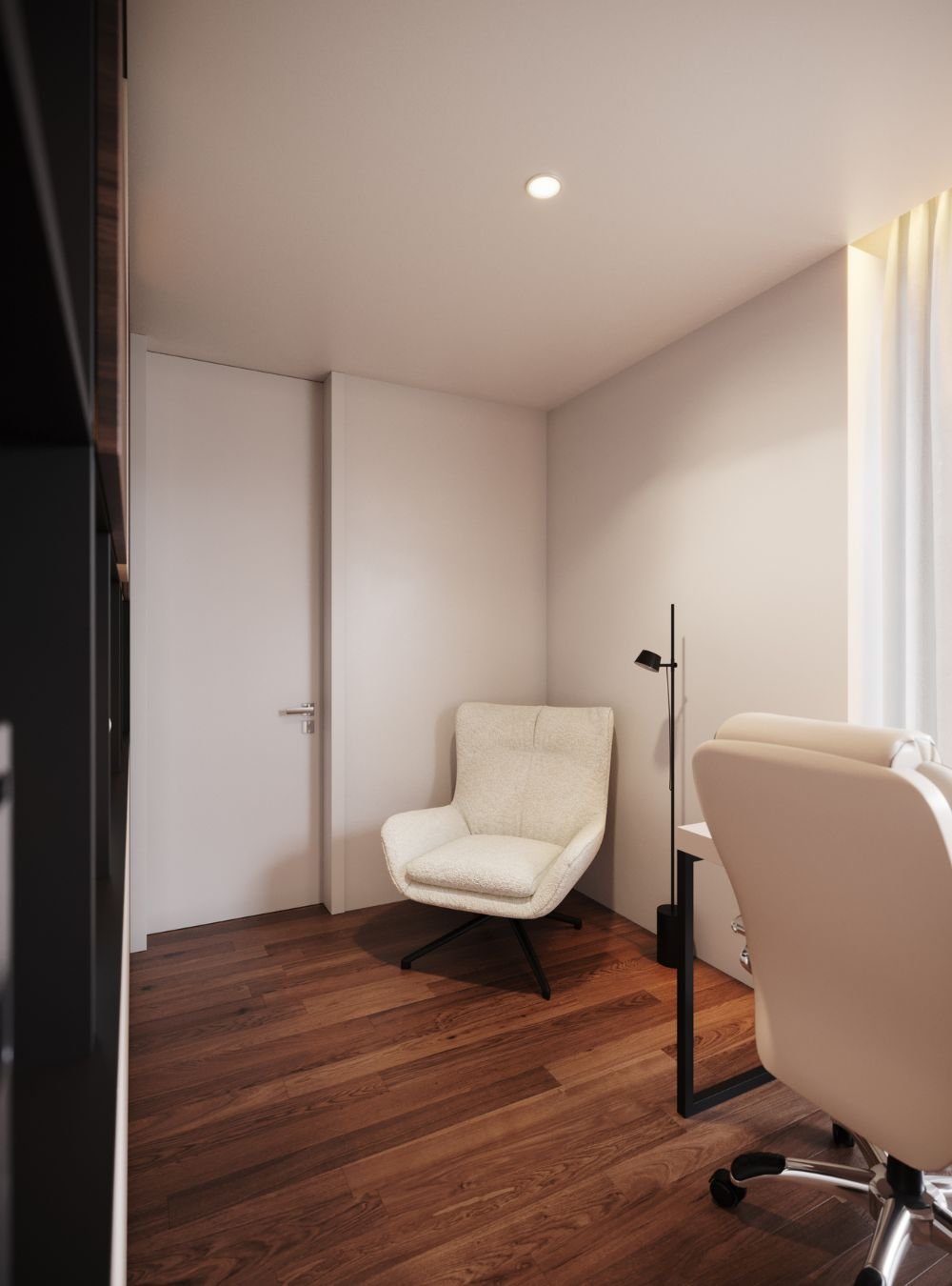 Um recanto de interior design sereno no escritório, complementando a secretária de escritório e a cadeira escritório com um elegante cadeirão e mobiliário de escritório sob medida.