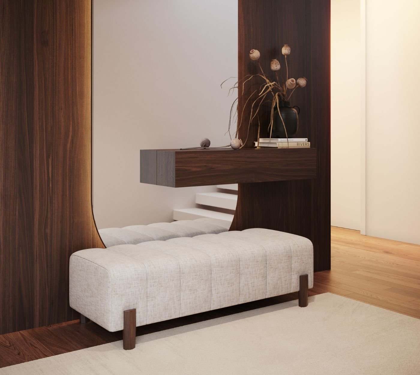 Inspiração de interior design para hall de entrada, com destaque para espelhos decorativos hall de entrada e nogueira.