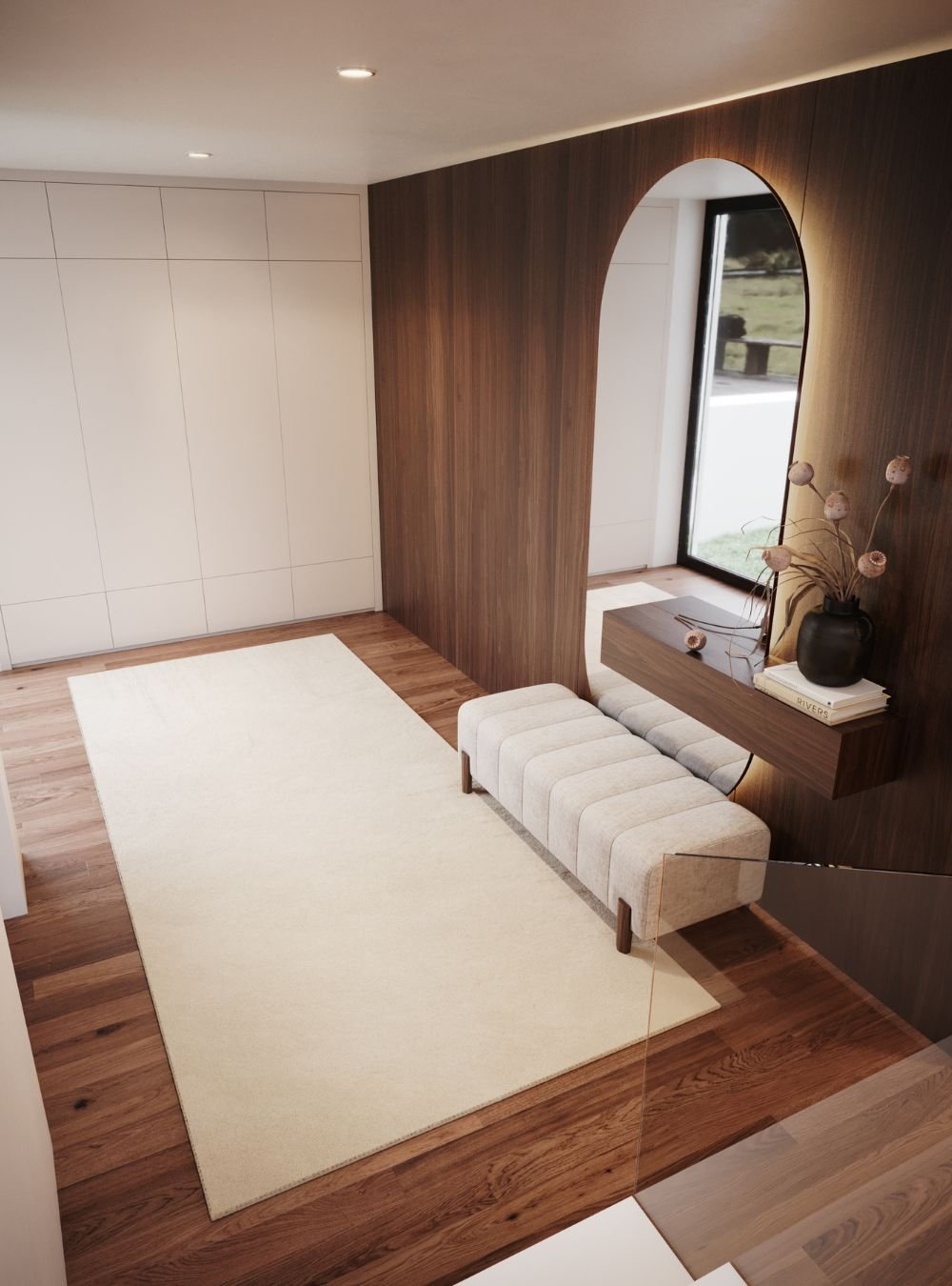 Perspetiva ampla sobre este hall de entrada, evidenciando o pavimento contínuo em madeira e armários embutidos de acabamento minimalista. O recurso ao design de interiores contemporâneo permite estruturar a circulação mesmo quando a configuração base é a de um hall de entrada pequeno. Neste ambiente de hall de entrada, a aposta num hall de entrada decoração suave baseia-se num tapete em tons claros e texturas nobres. Ao desenhar um hall de entrada pequeno, o design de interiores tira partido do contraste entre o painel escuro e o arco luminoso. A ligação entre a consola hall de entrada flutuante e a banqueta cria um conjunto equilibrado que enriquece o hall de entrada. O reflexo gerado pelos espelhos decorativos hall de entrada amplia a iluminação que desce pelas escadas, transformando o hall de entrada decoração. O recurso criterioso ao design de interiores demonstra que um hall de entrada pequeno ganha fluidez quando a consola hall de entrada é suspensa. A harmonia visual do hall de entrada decoração estabelece-se pela transição de materiais, reforçada pela presença de espelhos decorativos hall de entrada em arco. Cada pormenor confirma que este hall de entrada pequeno foi valorizado por uma consola hall de entrada sob medida e um projeto de design de interiores meticuloso. Num requintado hall de entrada, a composição do hall de entrada decoração alia funcionalidade e bom gosto através da consola hall de entrada. A integração de espelhos decorativos hall de entrada na parede em madeira remata o layout com sobriedade. Dessa forma, a consola hall de entrada e os espelhos decorativos hall de entrada unem-se num exemplar hall de entrada decoração, provando que até um hall de entrada pequeno pode atingir o patamar do alto design de interiores, onde os espelhos decorativos hall de entrada coroam o conjunto do hall de entrada.