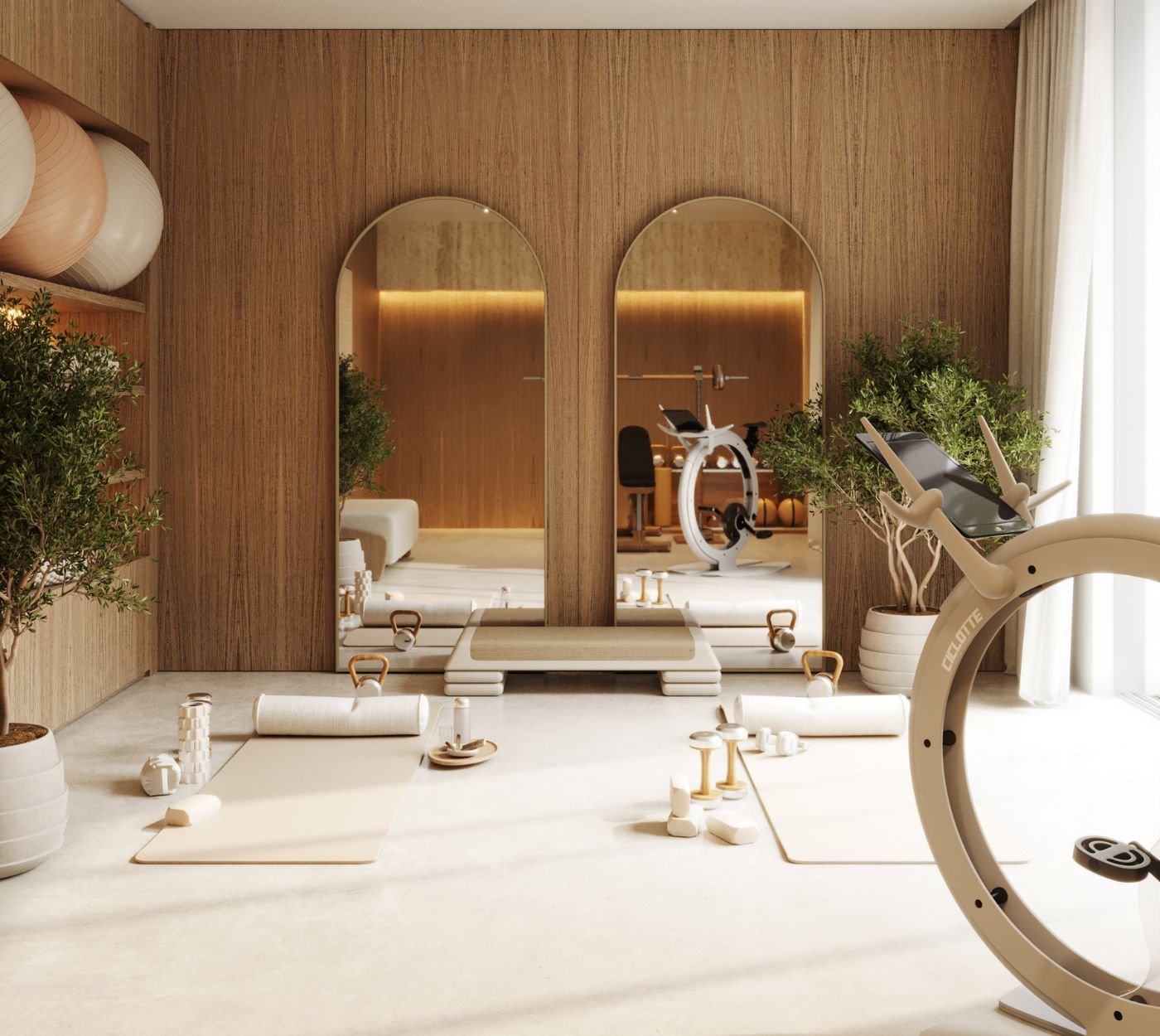 Inspiração de interior design para casas modernas, combinando a pureza da decoração, tecnologia e wellness num luxuoso home gym.