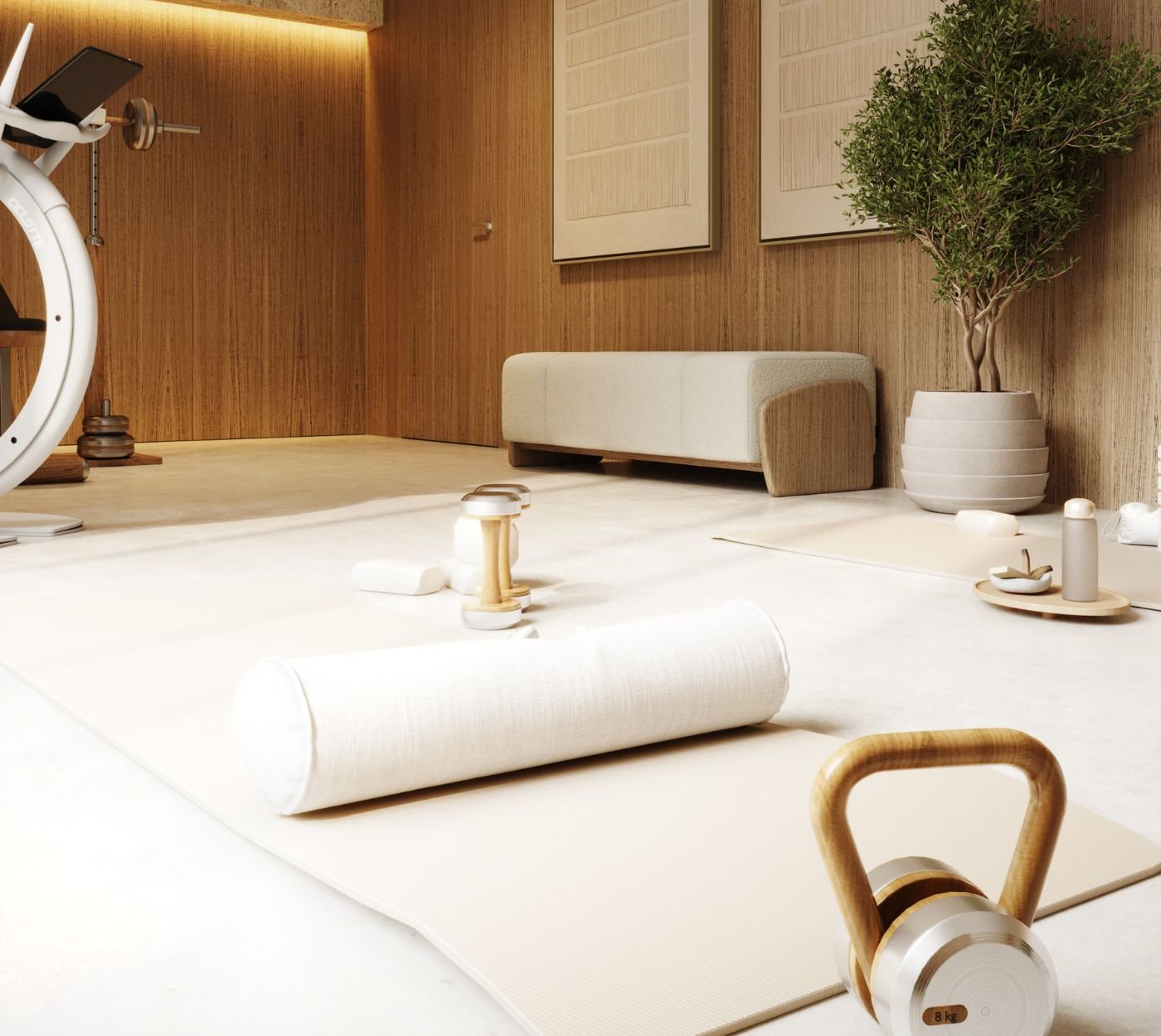 Pormenor de decoração e wellness num elegante home gym, refletindo o detalhe do interior design que define o conforto de casas modernas.