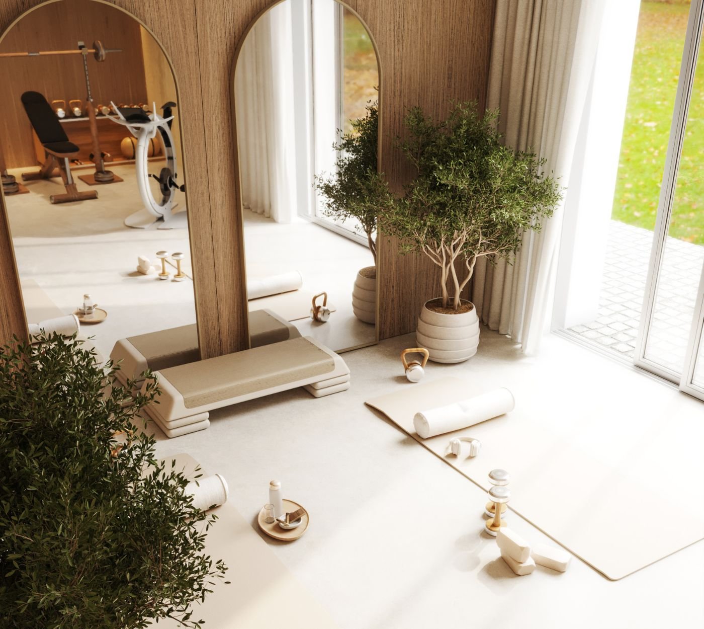 Espaço de wellness integrado num home gym, onde o cuidado no interior design e na decoração com espelhos eleva a vivência de casas modernas.
