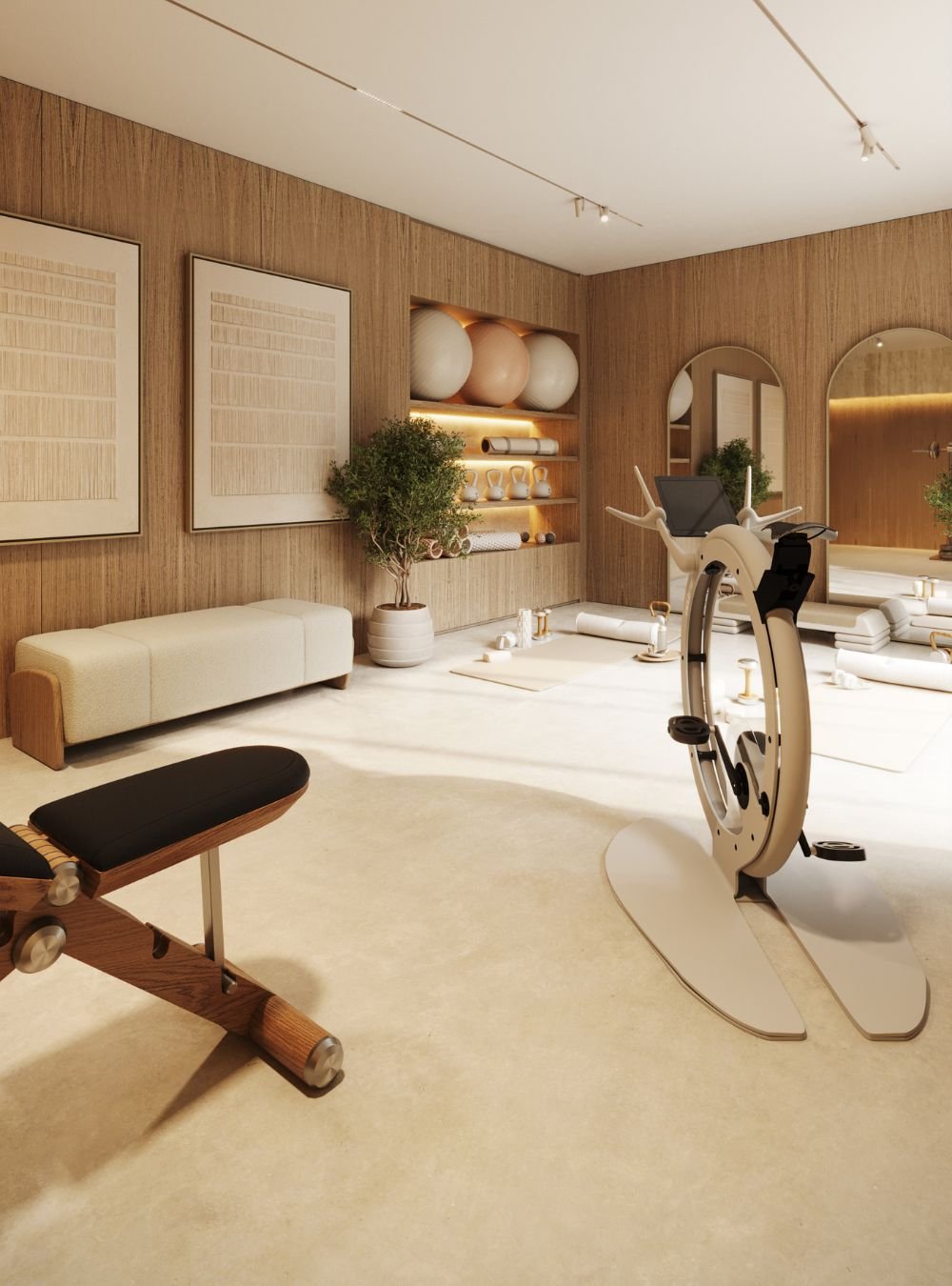 Proposta de interior design para um home gym dedicado ao wellness, unindo equipamento de topo e requintada decoração típica de casas modernas.