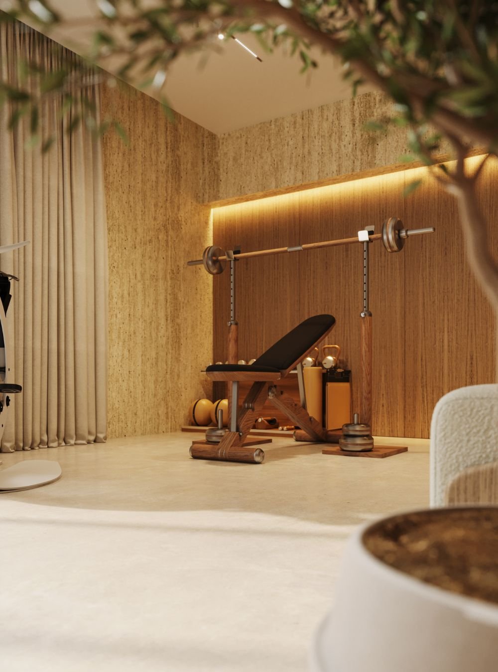 O conceito de wellness ganha forma neste home gym, onde o interior design e a decoração em madeira trazem sofisticação a casas modernas.