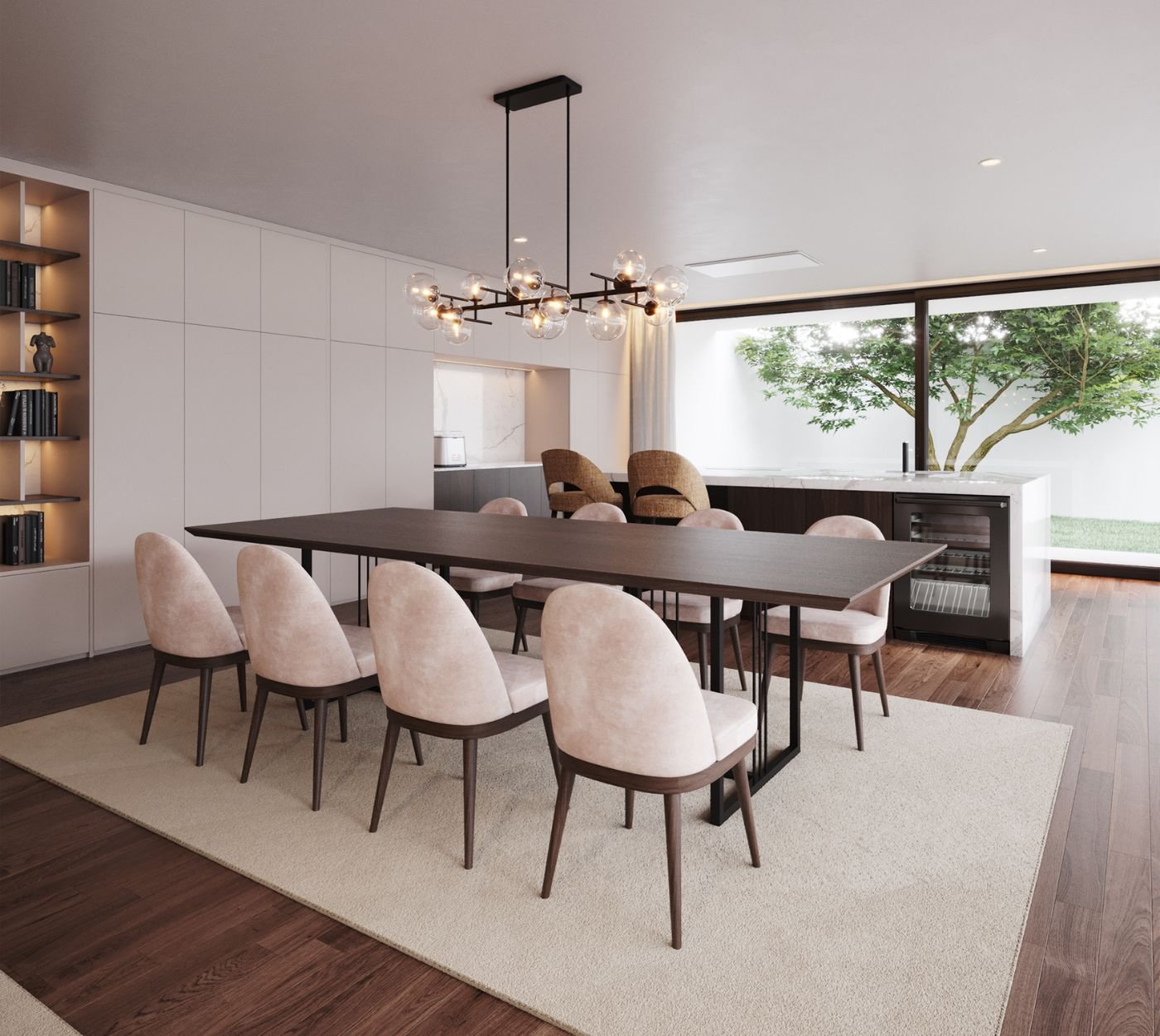 Proposta de interior design para uma sala de jantar sofisticada, composta por uma ampla mesa de jantar sala e cada cadeira estofada em tom rosa suave.
