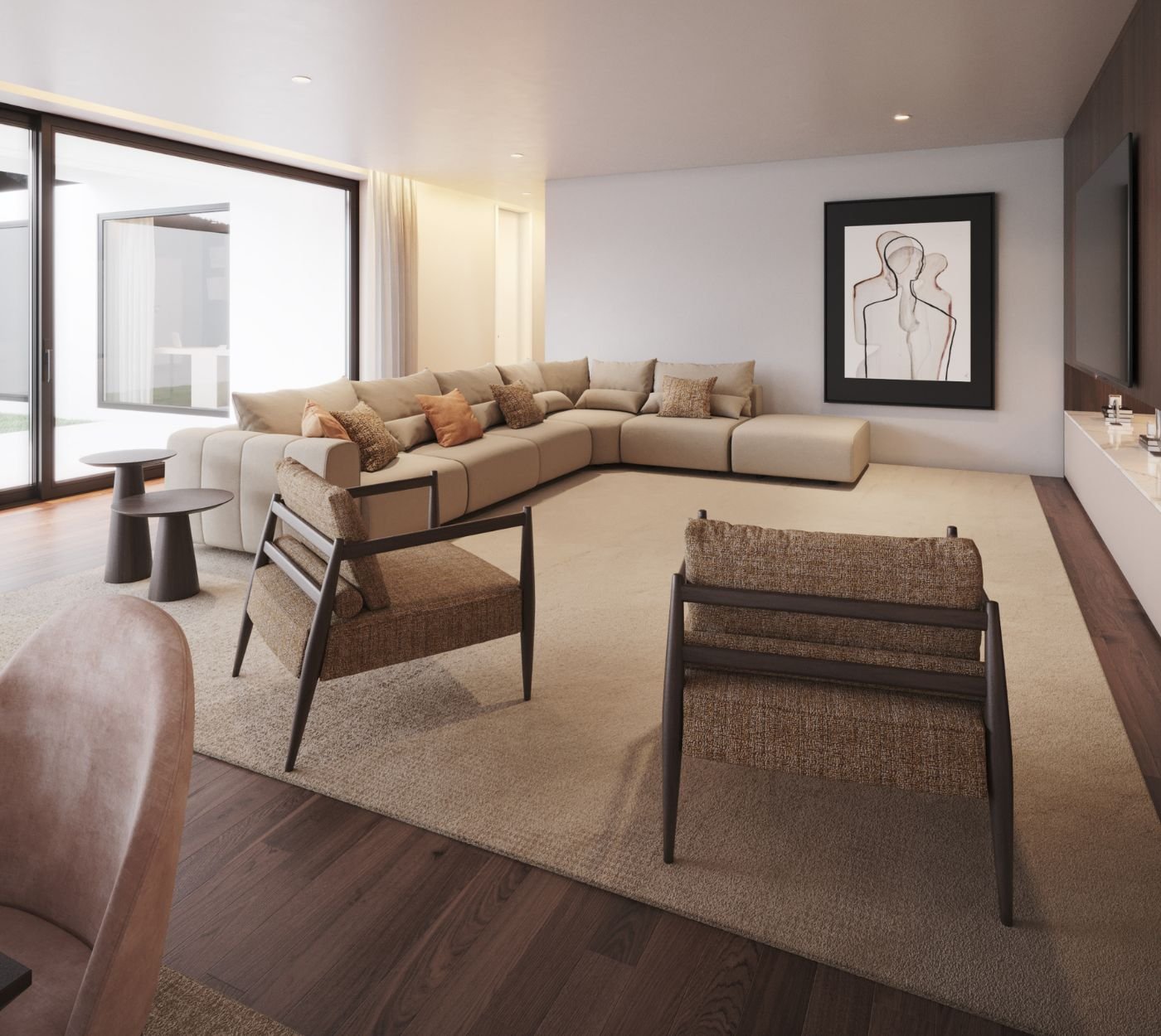 Um projeto de interior design pensado para uma atmosfera acolhedora, onde a decoração sala integra um espaçoso sofá modular em tons claros no centro deste open space.