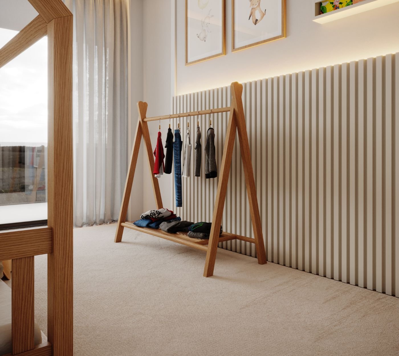 Detalhe de interior design focado na arrumação acessível, enriquecendo a decoração de quarto pensada para um quarto de criança.