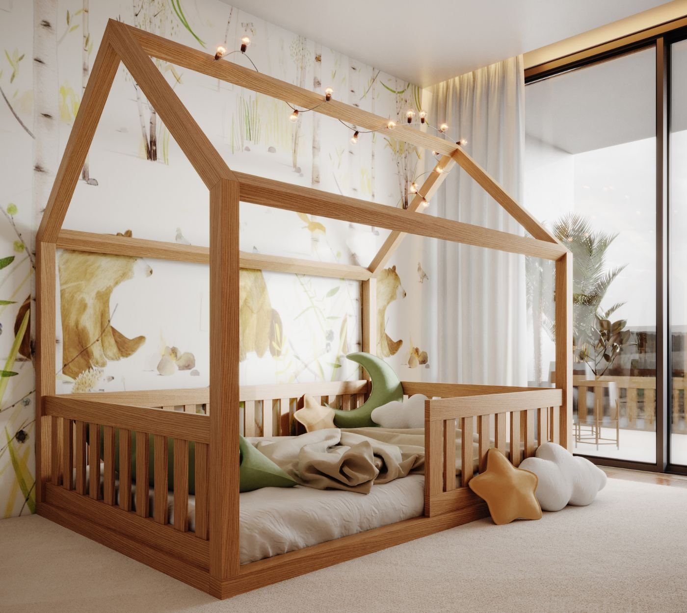 Proposta de interior design para um acolhedor quarto de criança, aliando a cama em casinha a uma lúdica decoração de quarto.