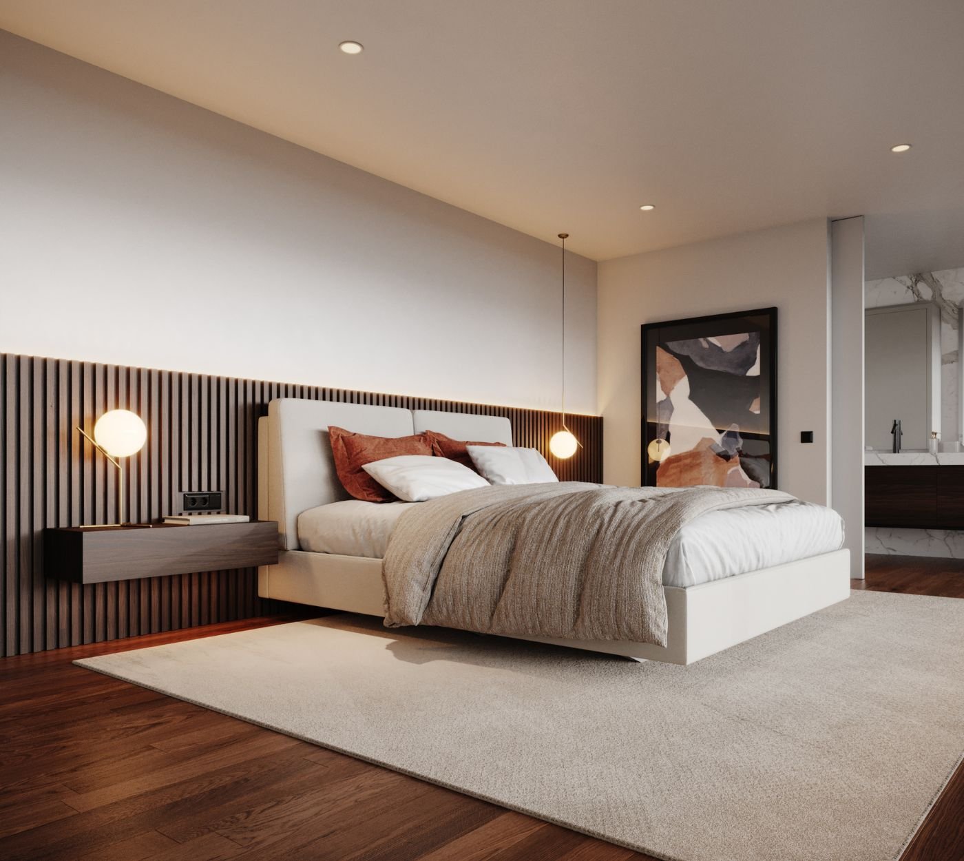 Composição de interior design com cama estofada e tapete neutro, definindo a essência de um quarto de casal decorado cuja decoração de quarto e refinada decoração de quarto de casal inspiram a melhor decoração quarto.