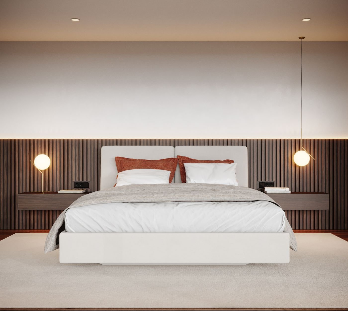 Plano frontal que ilustra o equilíbrio de interior design, apresentando um quarto de casal decorado com cabeceira ripada onde a decoração de quarto suave valoriza a decoração quarto e a requintada decoração de quarto de casal.