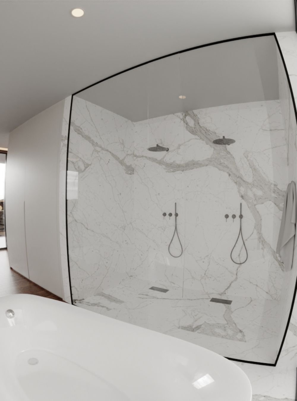 Um conceito de interior design que redefine as casas de banho modernas, integrando duche duplo em mármore e harmoniosos móveis de casa de banho.