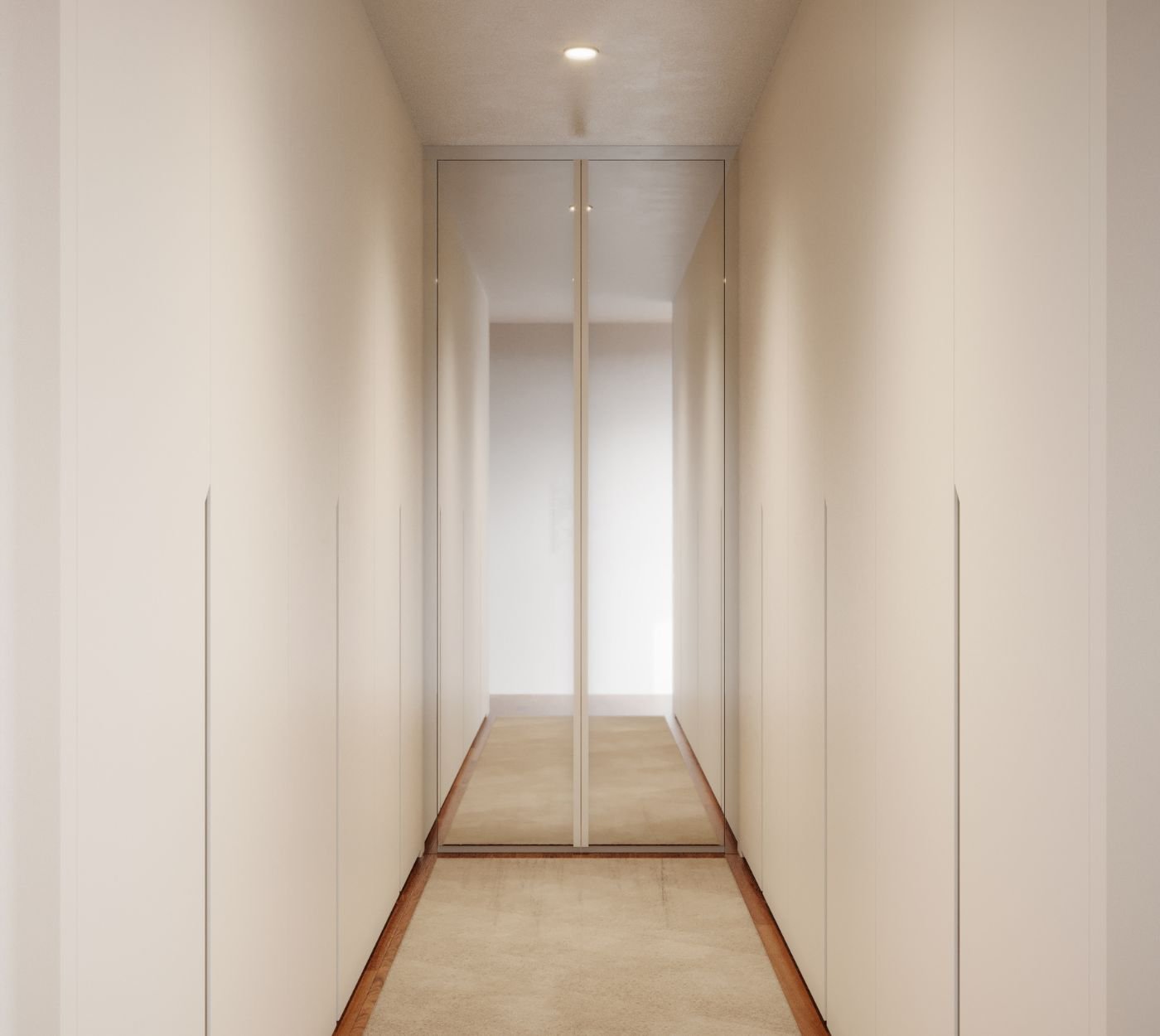 Armários embutidos minimalistas pensados pelo interior design para maximizar o arrumo, integrando a decoração quarto e a funcionalidade da decoração de quarto deste quarto de casal decorado com uma prática decoração de quarto de casal.