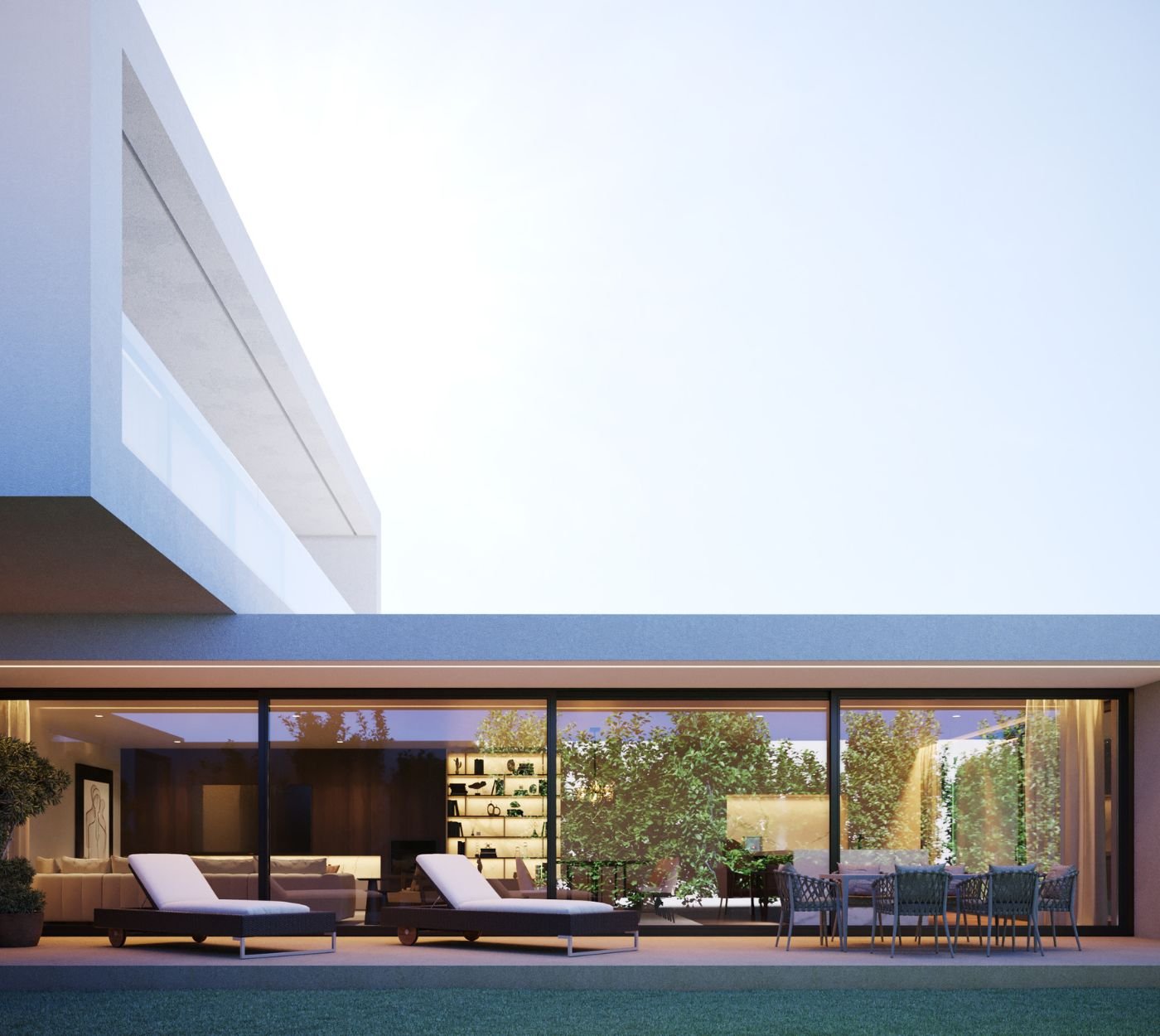 Harmonia entre interior design e a decoração de jardins exteriores, destacando mobiliário de exterior elegante na decoração exterior de requintadas casas modernas.