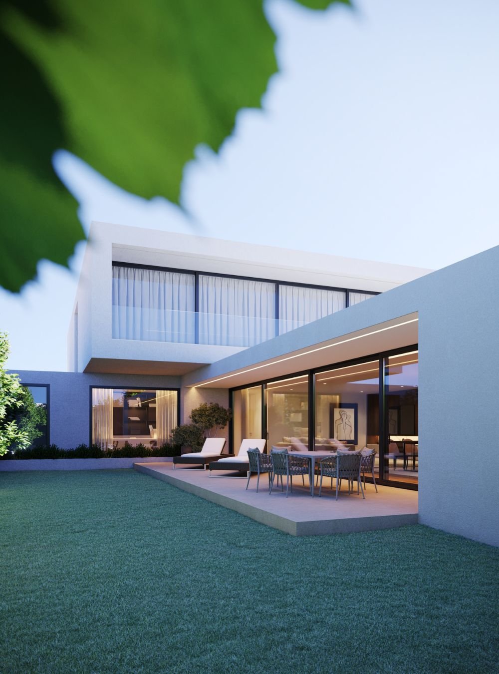 Linhas de casas modernas valorizadas pelo interior design, unindo a decoração sofisticada a confortável mobiliário de exterior na decoração de jardins exteriores.