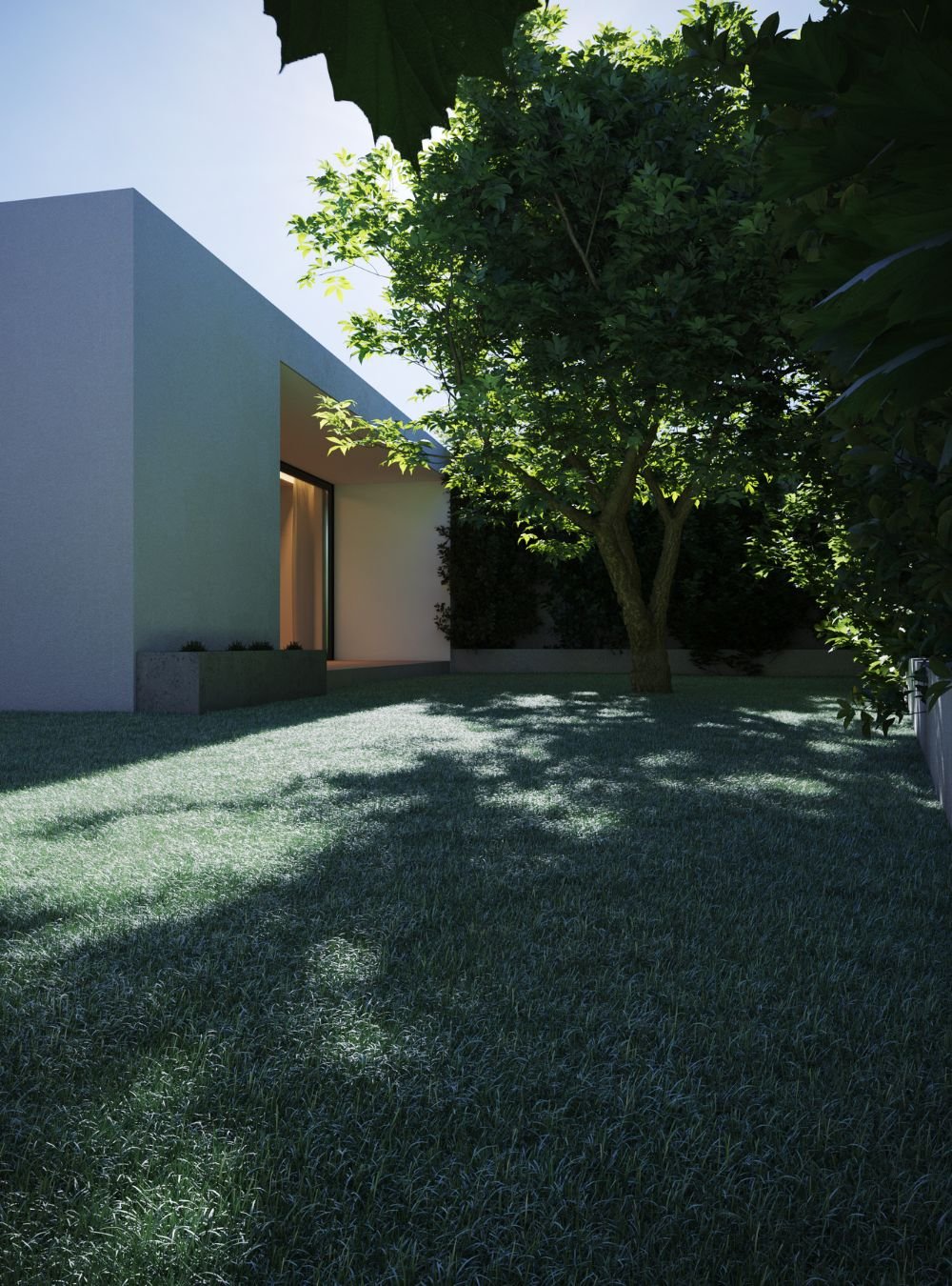 Proposta de decoração de jardins exteriores ligada ao interior design, onde a decoração verde e o mobiliário de exterior abraçam a arquitetura de casas modernas.