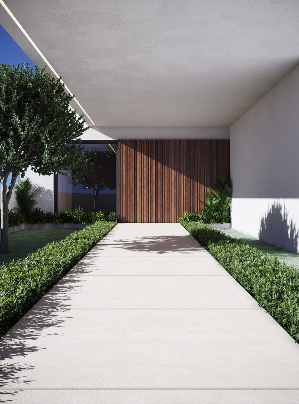 A decoração de jardins exteriores complementa o interior design e a decoração destas casas modernas, integrando subtil mobiliário de exterior no percurso.