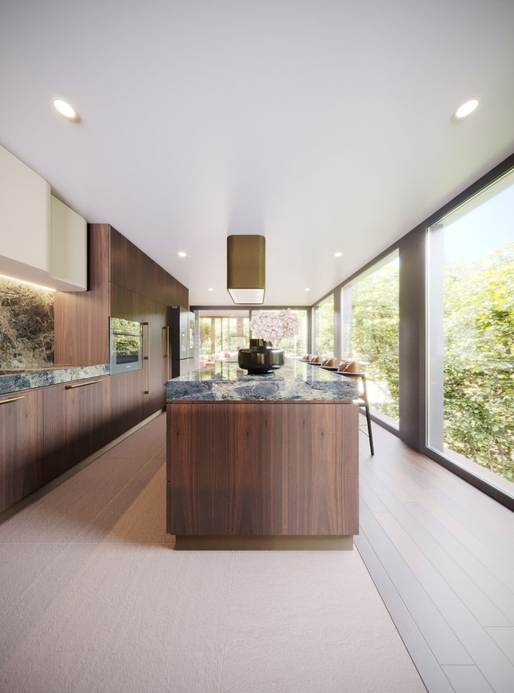 Elegantes moveis de cozinha em madeira integram a harmonia de cozinhas modernas com ilha, desenhadas com requinte pelo nosso serviço de design de interiores e interior design.
