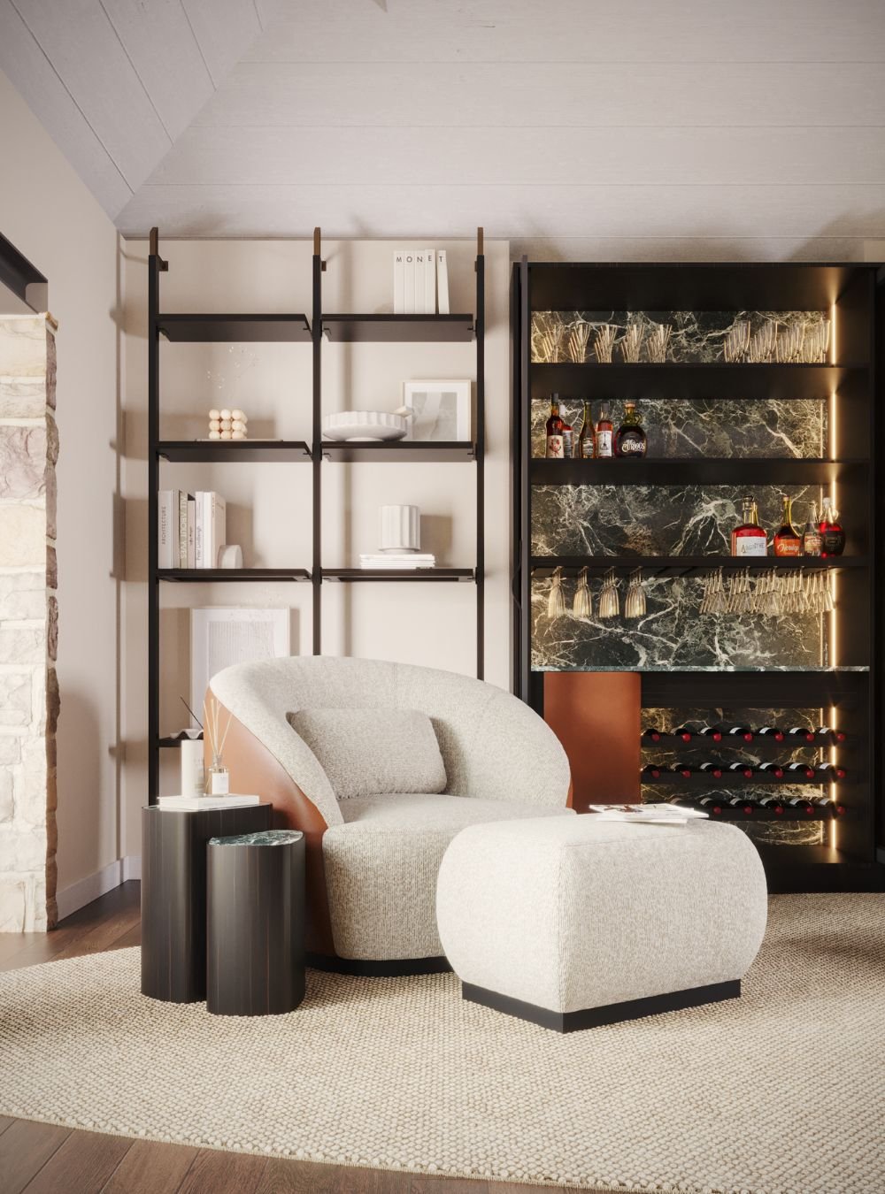 Exclusivas ideias de marcenaria e iluminação para um lounge bar moderno, idealizado através de um dedicado serviço de design de interiores.