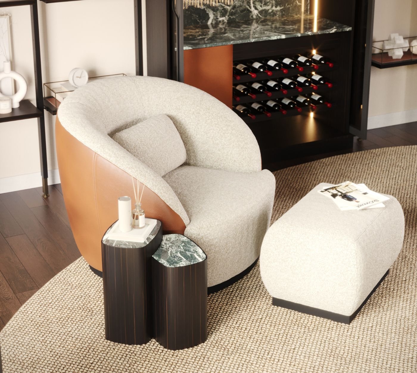 Pormenores sofisticados num lounge bar exclusivo, com elegantes ideias de mobiliário e acabamentos nobres criados pelo nosso serviço de design de interiores.