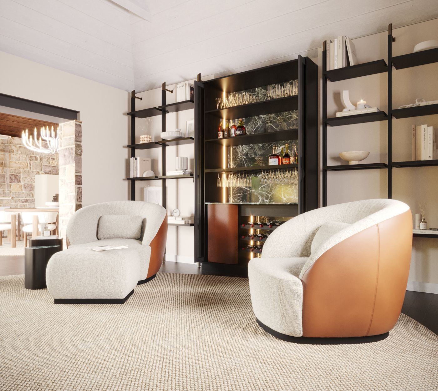 Ambiente acolhedor de lounge bar concebido através do nosso serviço de design de interiores, reunindo inspiradoras ideias de arrumação e poltronas de leitura envolventes.