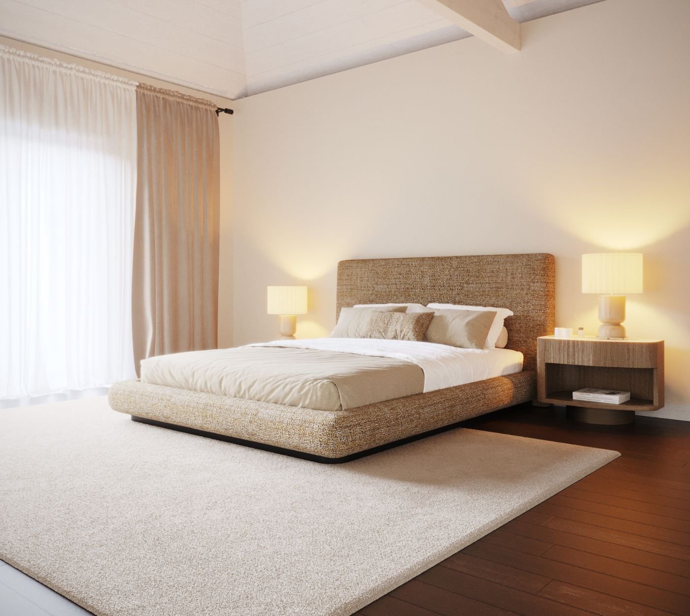 Cama num amplo quarto de casal decorado. Serviço de design de interiores com foco em decoração de quarto e decoração de quarto de casal.