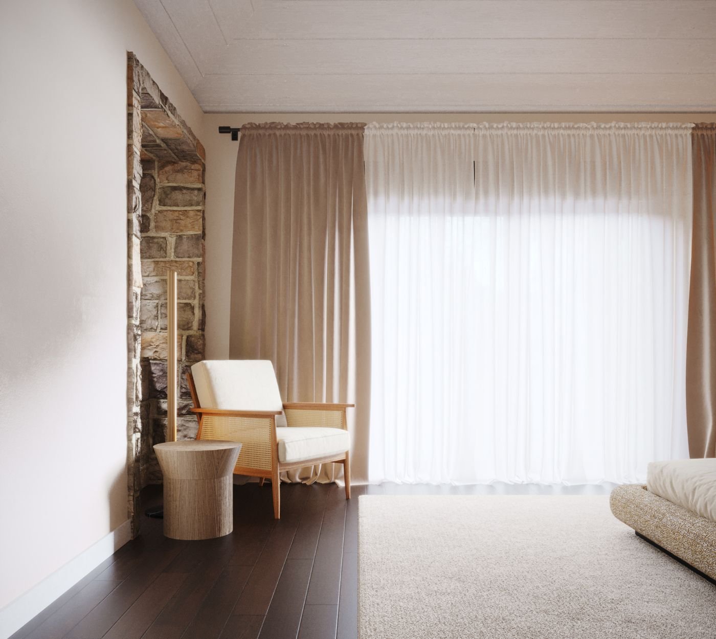 Poltrona num quarto de casal decorado. Projeto com serviço de design de interiores para decoração de quarto e decoração de quarto de casal.