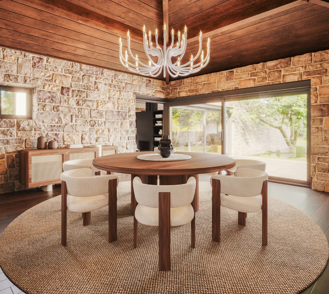 Nobre mesa para sala de jantar redonda rodeada por elegante cadeira sala de jantar, num projeto de interior design concebido através de um personalizado serviço de design de interiores.