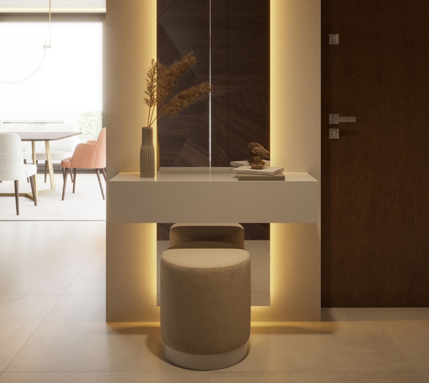 Um hall de entrada pequeno com porta de madeira e uma moderna consola hall de entrada com banco, complementada por espelhos decorativos hall de entrada e iluminação embutida