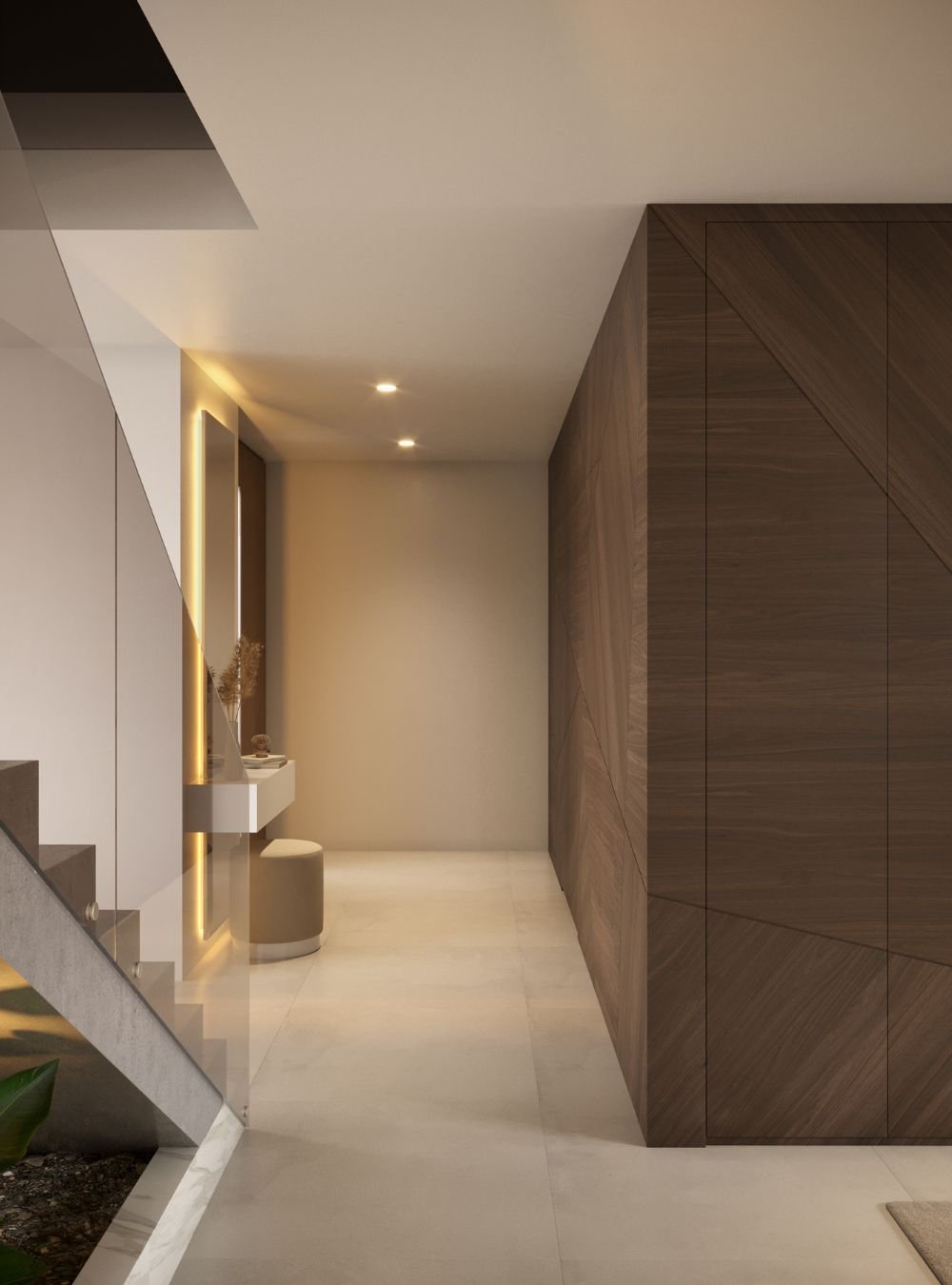 Um hall de entrada pequeno com escadas e painel de madeira, exibindo uma consola hall de entrada suspensa e espelhos decorativos hall de entrada com iluminação quente ao lado