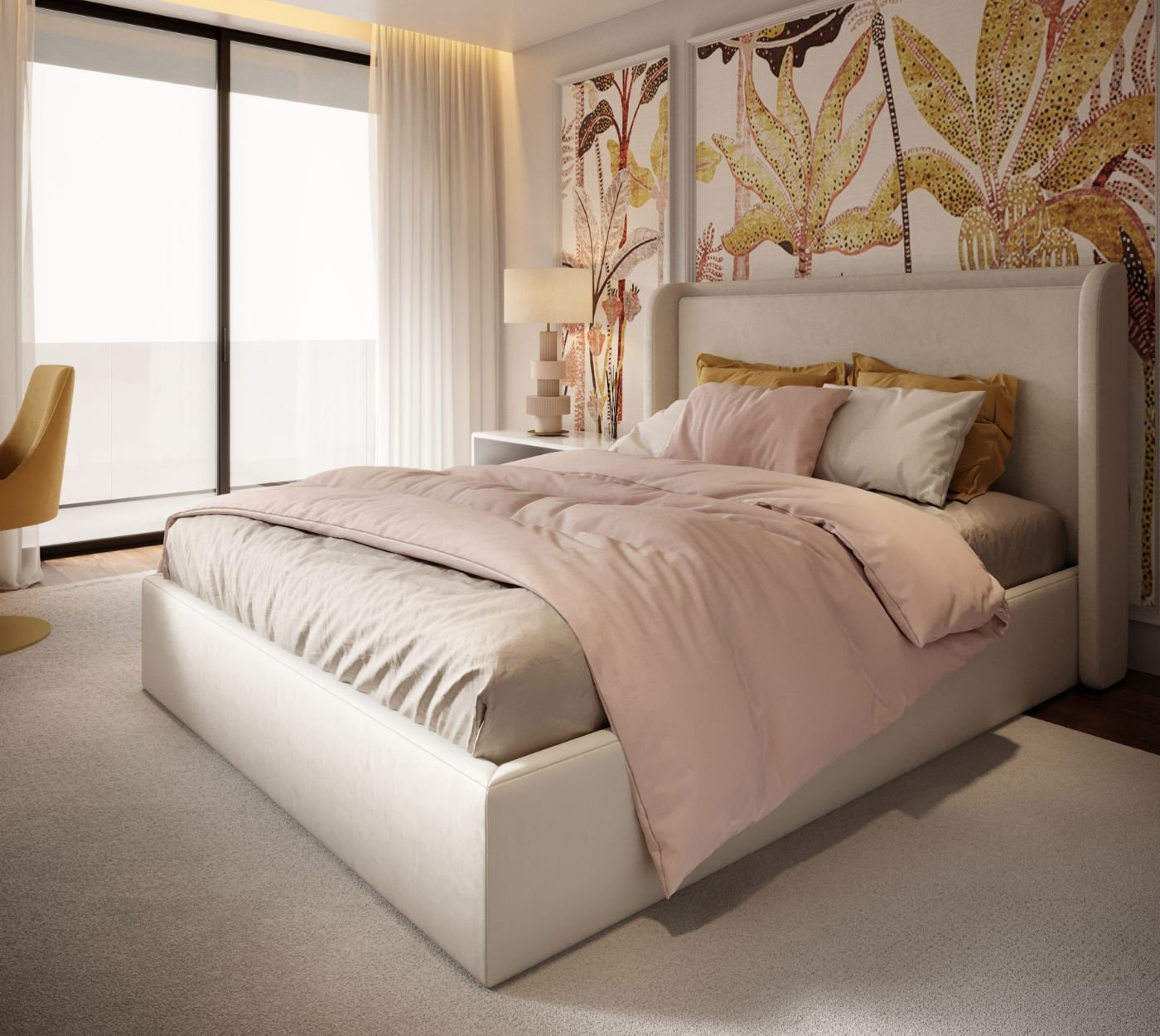 Um quarto de criança com cama de casal e enxoval rosa, que ilustra a personalizada decoração quarto desenvolvida por um especializado serviço de design de interiores.